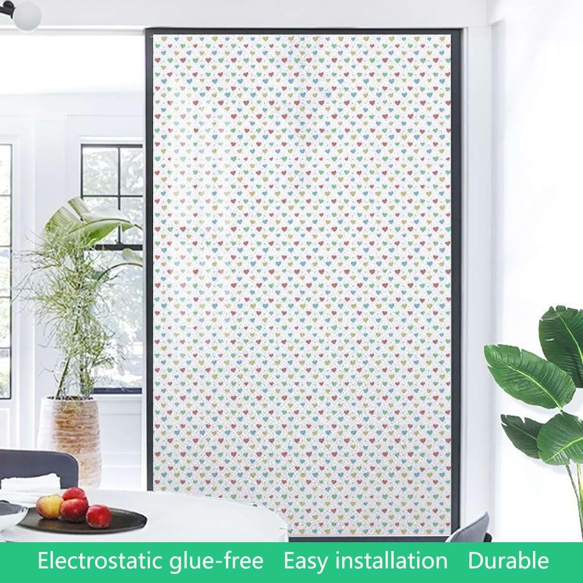 Multicolor Window Film Privacy Window Film Frosted Glass Film Heart Pattern Simple Comic Graffiti Style Window Film Privacy Color Window Sticker Fashion 35.4Wx59L-inch