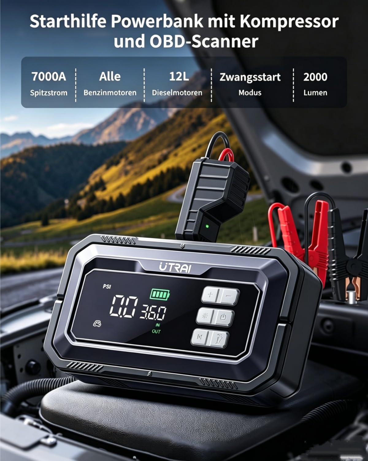 UTRAI Starthilfe Powerbank mit Kompressor für Alle Benzin & Bis 12L Diesel | 7000A Spitzenstrom, 150 PSI Kompressor, 160W DC-Ausgang, 2000 Lumen LED-Lampe, Mehrfacher Sicherheitsschutz, 18W USB-Ausgang