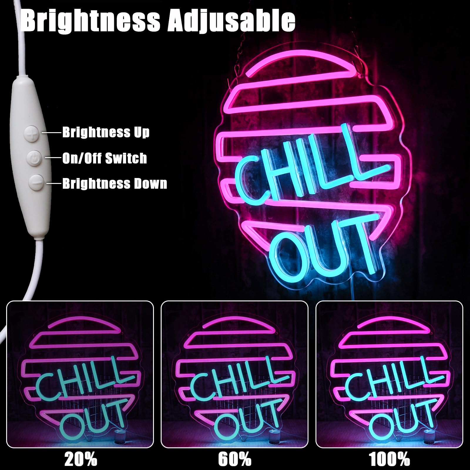 Chill Out Segno al neon Blu Rosa Segno al neon per la decorazione della parete Luce al neon USB Led Segno per la casa Zona di gioco Soggiorno Camera da letto Uomo Caverna Bar Caffè Partito