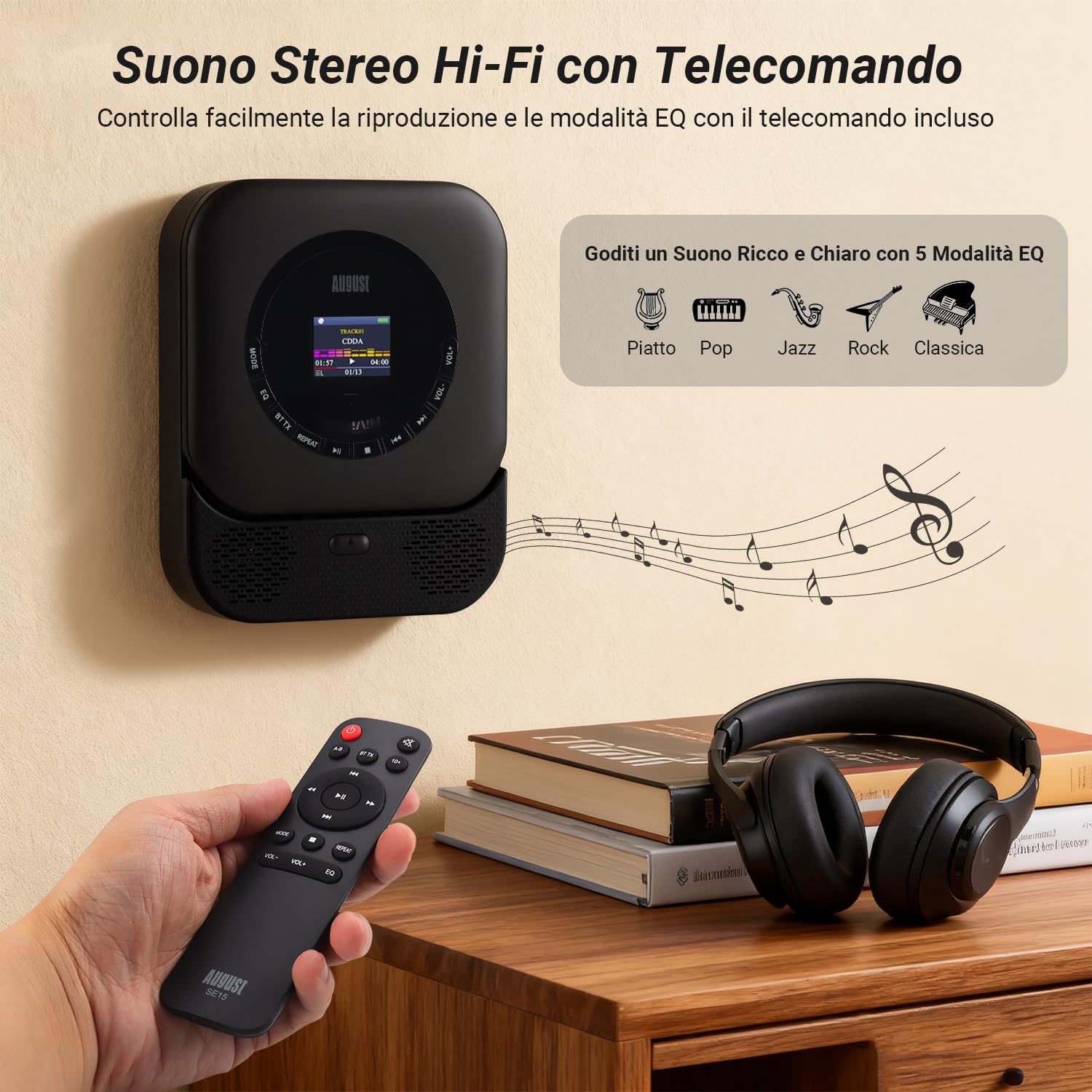August SE15 Lettore CD Portatile Bluetooth 5.3 USB AUX 6W Batteria Ricaricabile EQ Antiurto Montaggio a Parete