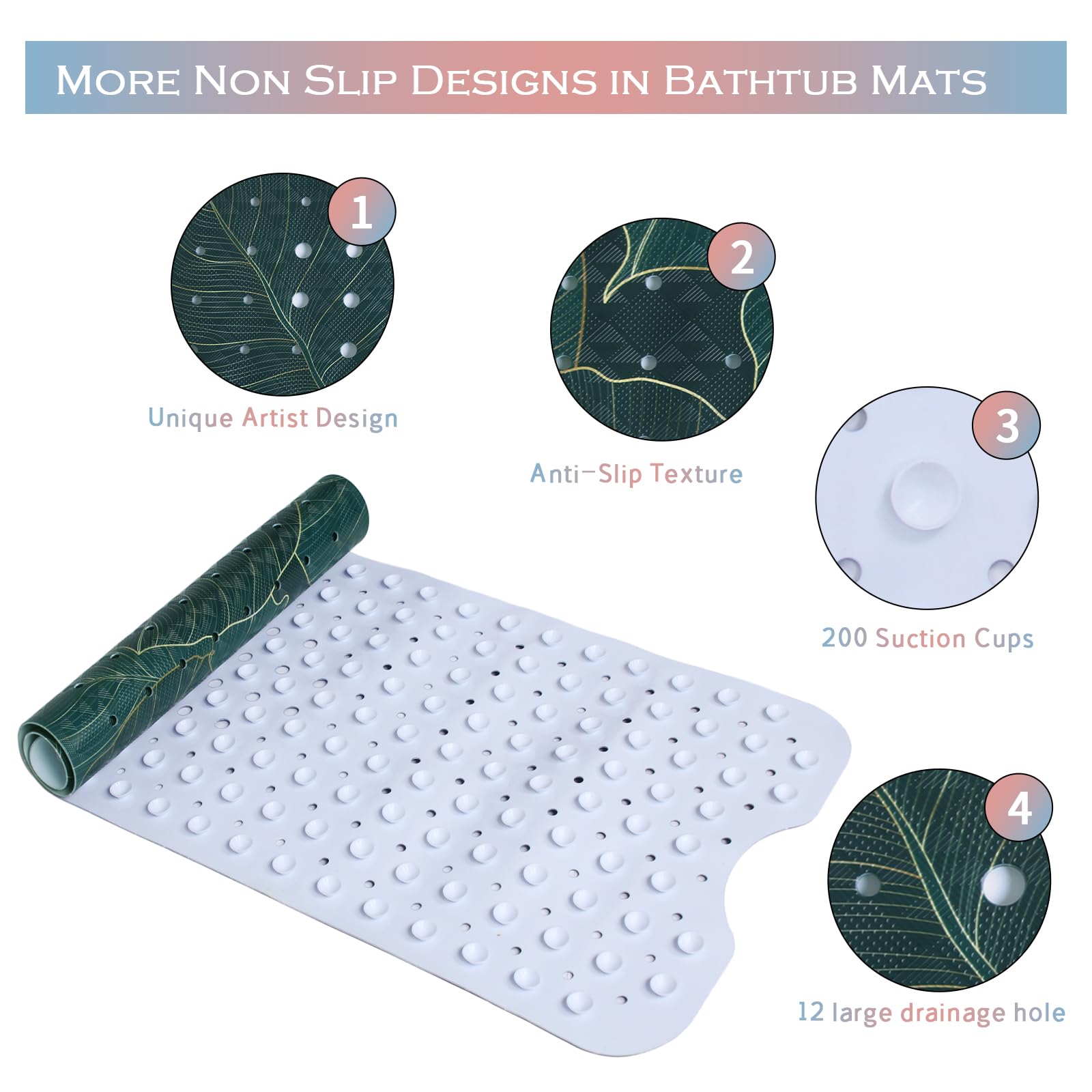 Palm Leaves Bathtub Mat Non Slip 40x16in Palm Leaves Extra Long Bath Mat for Tub Bohemian Abstract Art Anti Slip Shower Mat for Bathroom with Large Drain Holes and Suction Cups Quality Bath Mats Decor - Image 3