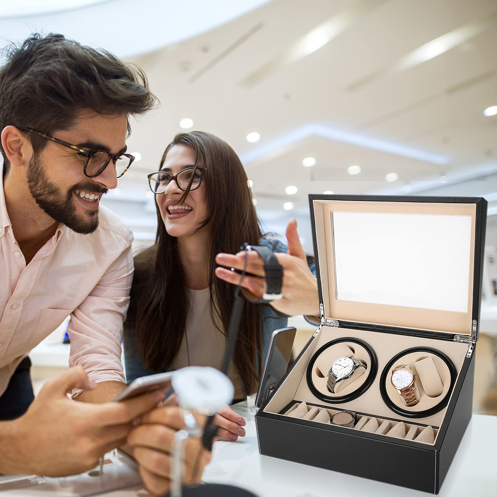 Scatola Orologi Automatici, Funzionamento Silenzioso, può caricare 4 Orologi contemporaneamente, Scatola Rotore per Orologi, Uomo Polso Watch Winder Box Custodia 31 x 24 x 18 cm