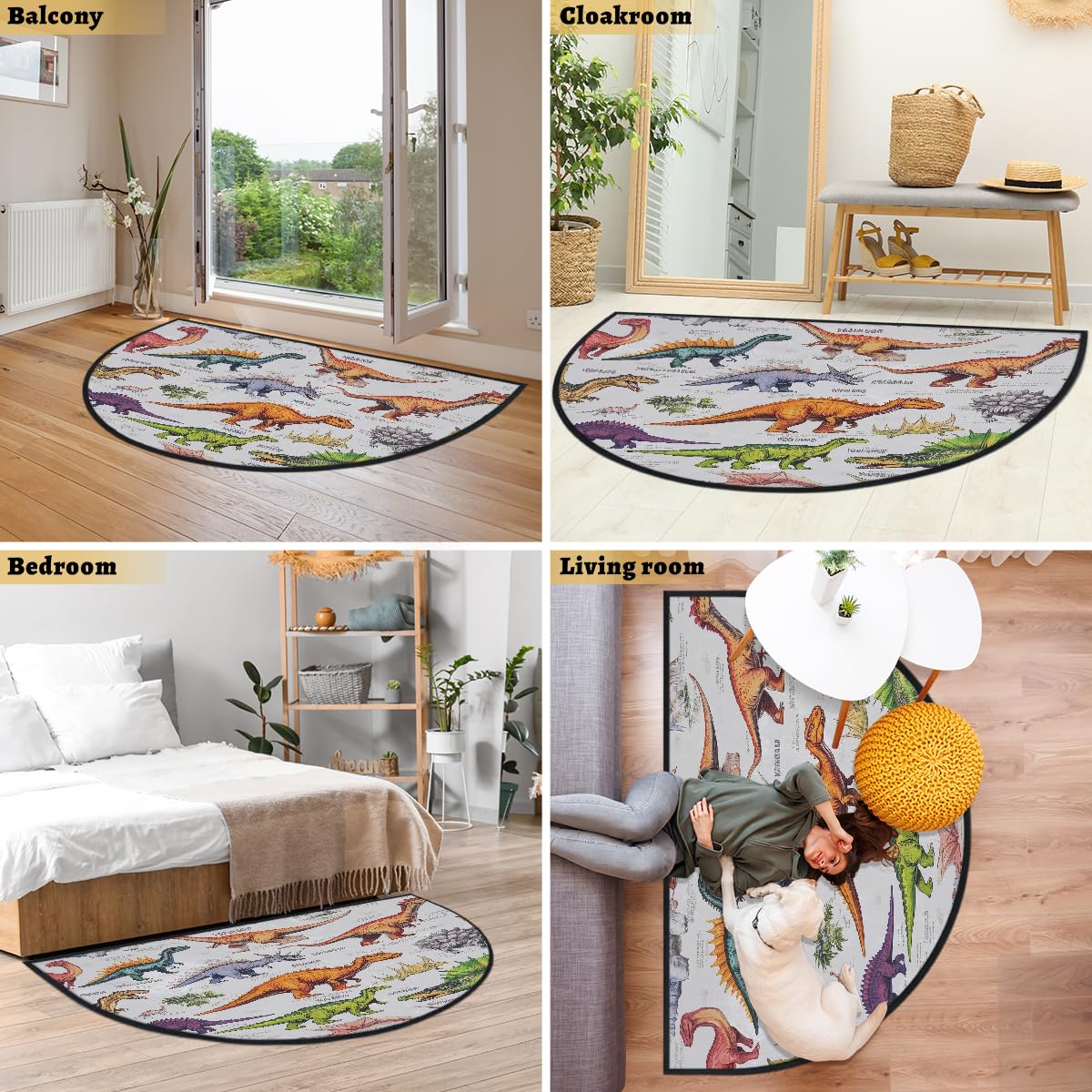 Mexpekil Paillasson demi-rond antidérapant lavable en demi-lune avec motif dinosaure - Attrape la saleté - Pour intérieur et extérieur - 100 x 160 cm