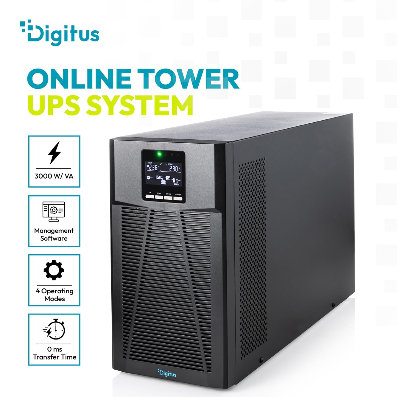 DIGITUS OnLine USV-System – 3 kVA 3 kW – 8X IEC C13 Steckdosen – Tower | Unterbrechungsfreie Stromversorgung – Leistungsfaktor 1,0 – UPS Software – RS232, RJ45 & USB-Port – Schwarz