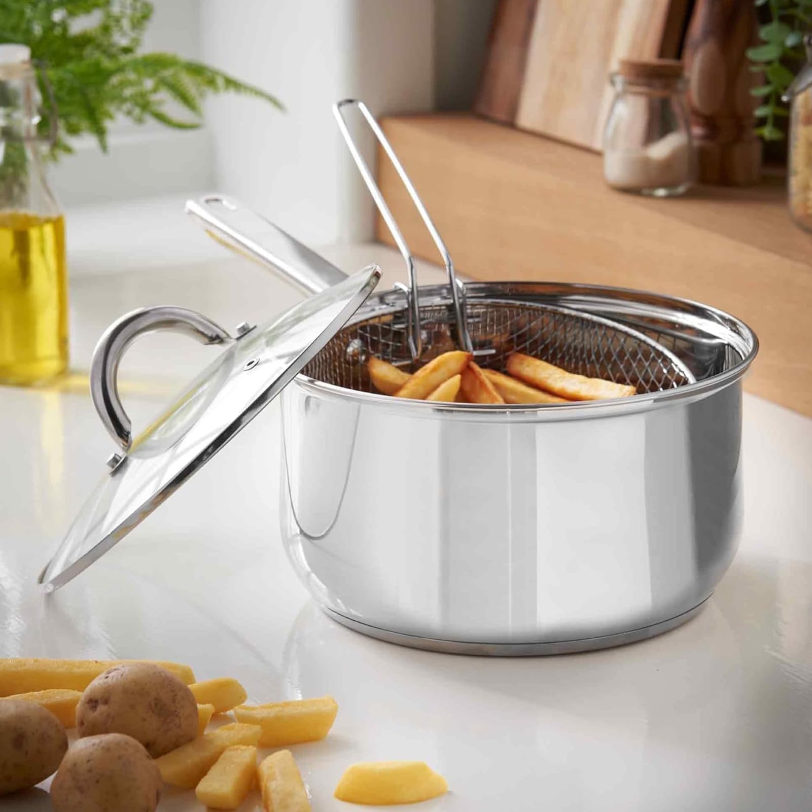 Olla para Freír con Cesta Mango Largo y Tapa Transparente | Freidora de Encimera con Cesta Para Cocinas Eléctricas, Vitrocerámicas y de Gas, Mariscos, Pollo y Preparación de Comidas