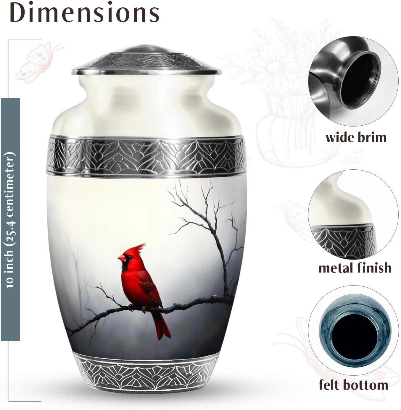 Cardinal Bird Human Remains for Mom & Dad - Funeral Urns for Men & Women - 10 Inch - Large with Velvet Bag - Burial Memorial Urn - Funeral Urn - Large Burial Urns for Human Ashes Adult Man