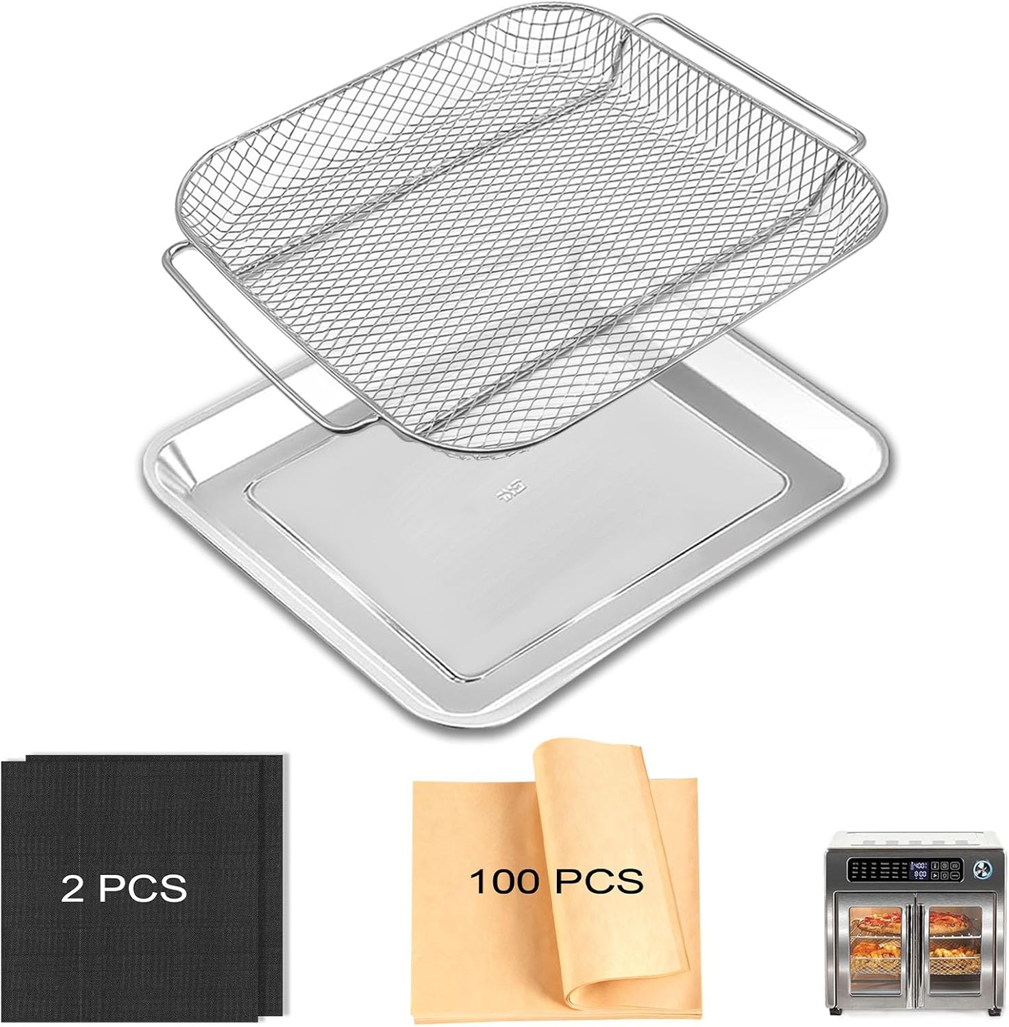 Air Fryer Accessories Set for Emeril Lagasse 26QT Extra Large, Stainless Steel Baking Pans with Nonstick Basket, 100 Parchment Papers & 2 Teflon Mats, Dishwasher safe