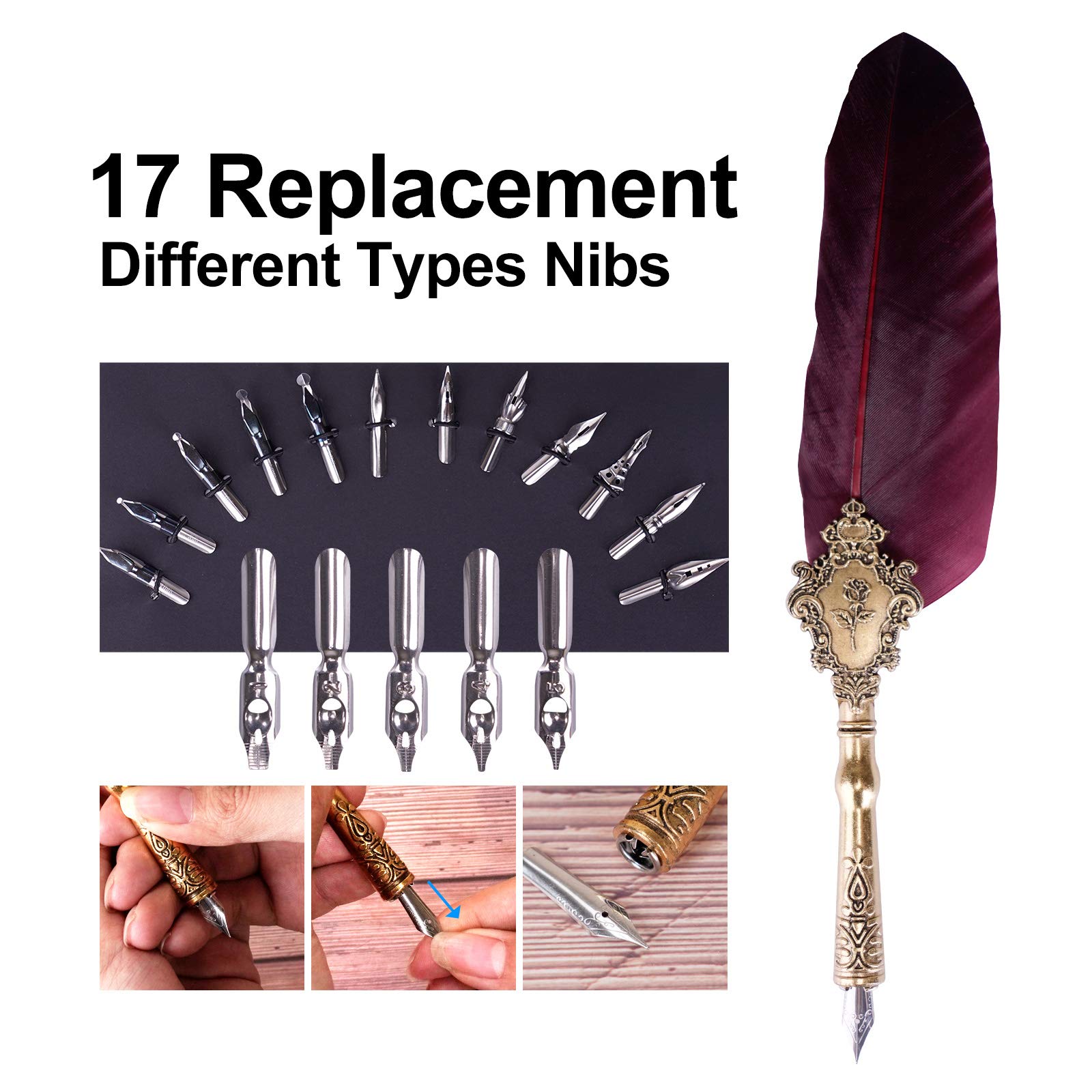 Kalligraphie Feder,Vintage Federkiel Dip Quill Pen, with 17 Replacement Tips,Pen Holder,Ink,Seal Stamp-Perfektes für Anfänger und Profis