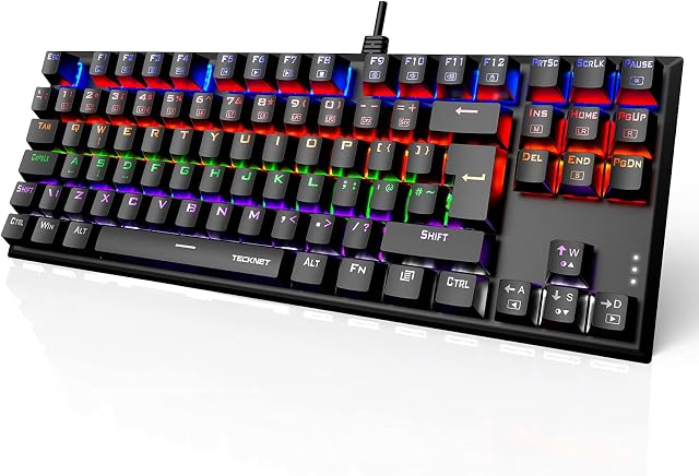 TECKNET Mechanical Keyboard, 88 Keys Full Anti-Ghosting Blue Switch 60% Mechanical Tenkeyless Gaming Keyboard, Customizable Rainbow Backlit Ideal for Gamers and Typists, UK Layout