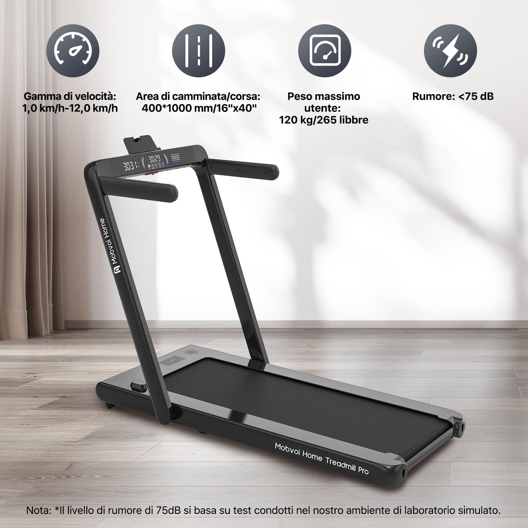 Mobvoi Home Tapis Roulant AI Intelligente 3 in 1 per casa e ufficio Supporto per Tapis Roulant per Tazza Telefono Laptop Ampia Area di Corsa Display a LED TicSports Zwift Kinomap APP 12km/h 120kg