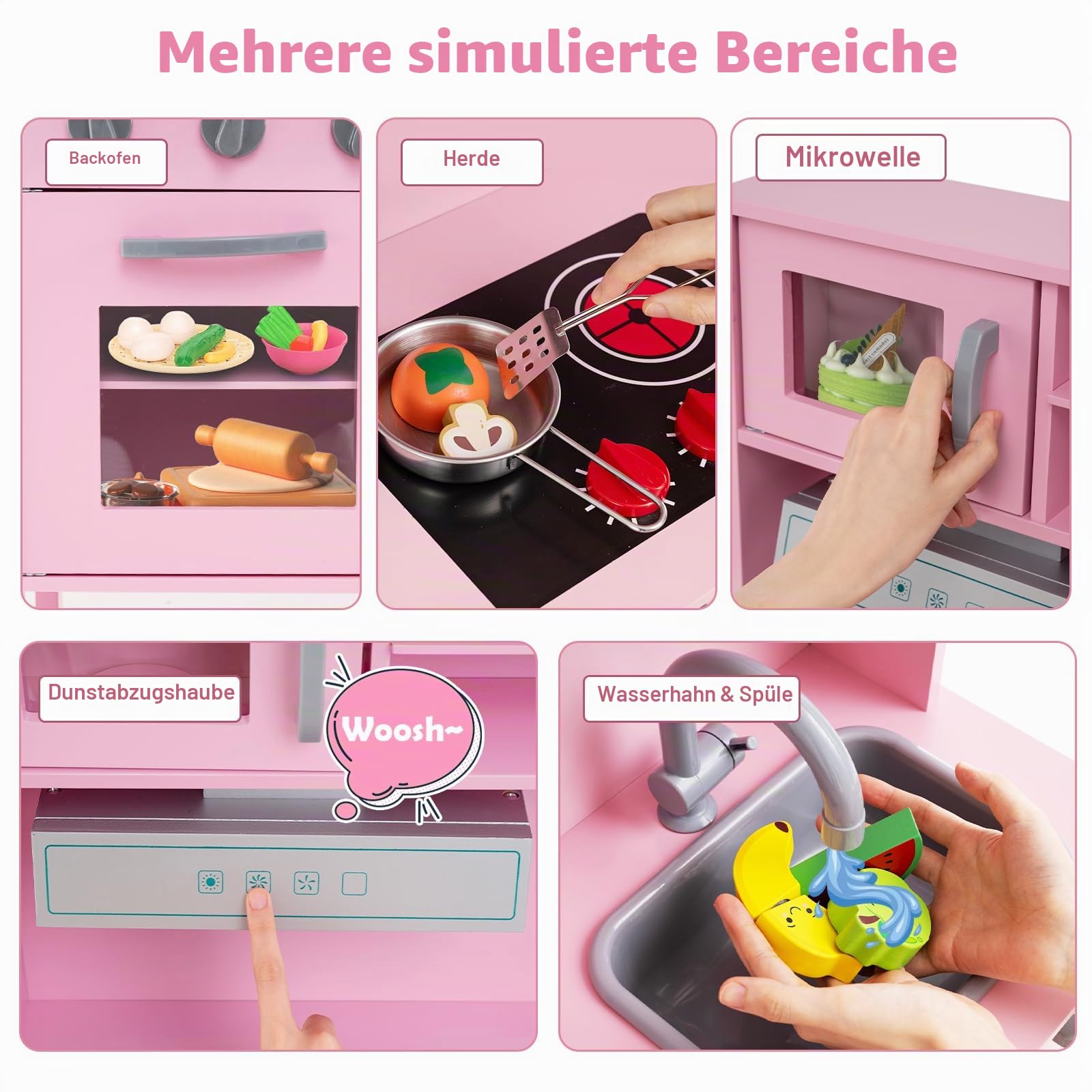 HOMASIS Spielküche mit 18 Zubehör, Kinderküche Holz, Spielzeugküche mit Spüle Herd Backofen Mikrowelle Eismaschine, Holzküche Kinderspielküche Eckküche für Kinder ab 3 Jahre (Rosa)
