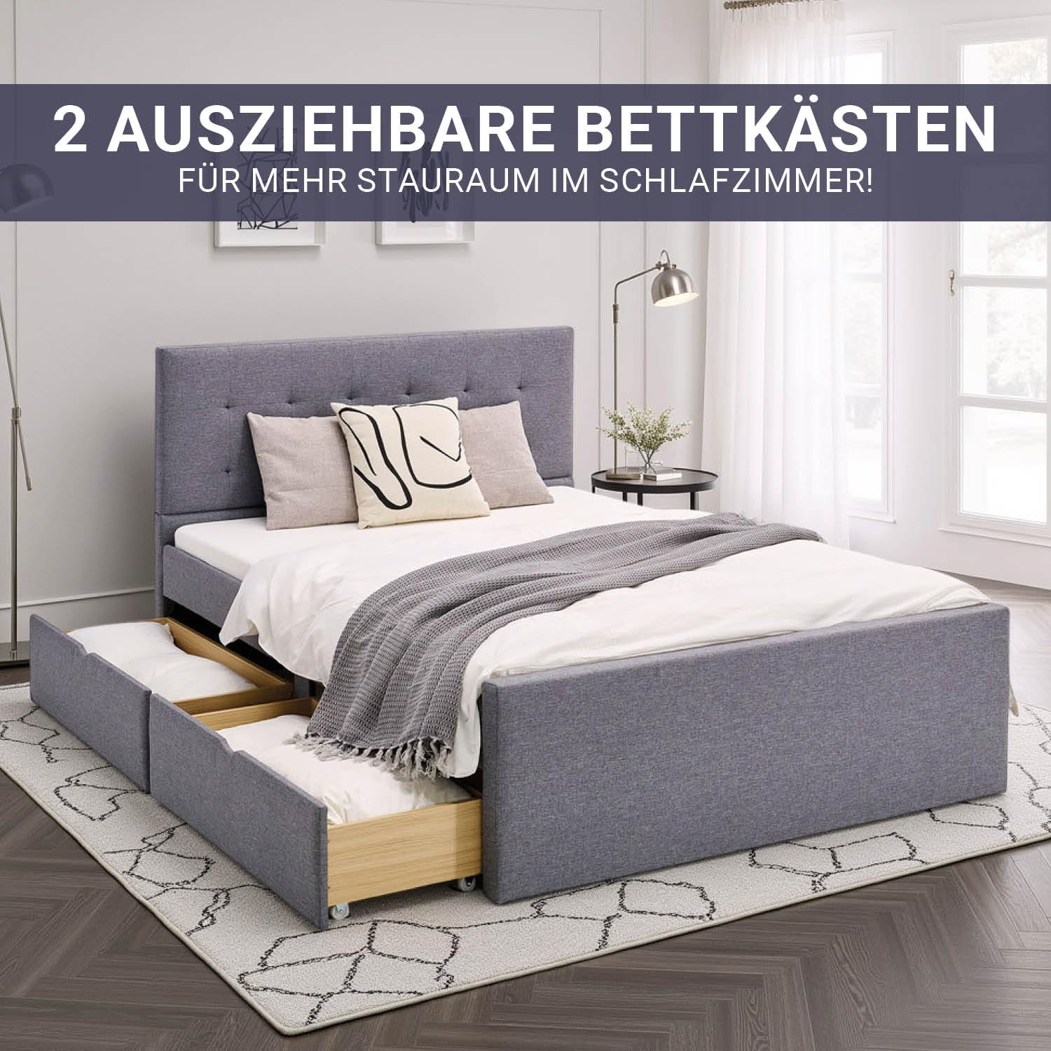 Homestyle4u Polsterbett 120x200 mit Bettkasten & Lattenrost | Stauraumbett 120 x 200 cm in Grau – 2 Schubladen auf Rollen, gestepptes Kopfteil, MDF-Rahmen