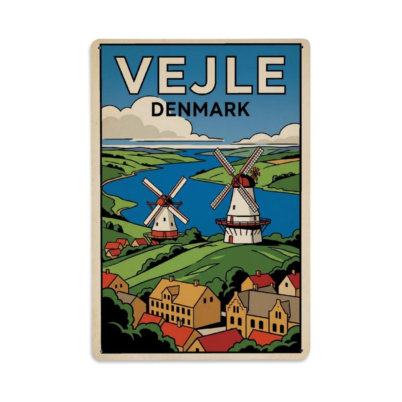 Retro Denmark Vejle Travel Metal Tin Sign Plaque Wall Decor for Cafe, Club Bar, Office, Garden Metal Poster 8x12Inch