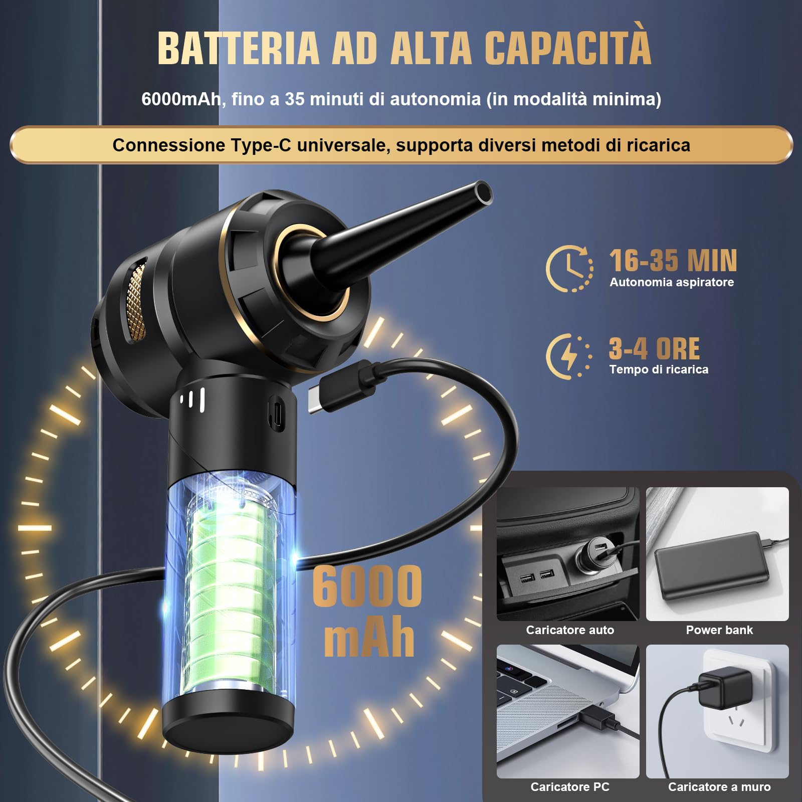 Aspirapolvere a mano a batteria 4 in 1, per auto, forte, 25000 PA senza fili, 3 marce, 220000 giri/min, per auto, cucina, PC, divano, ufficio, pulizia dei peli di animali domestici (giallo oro)