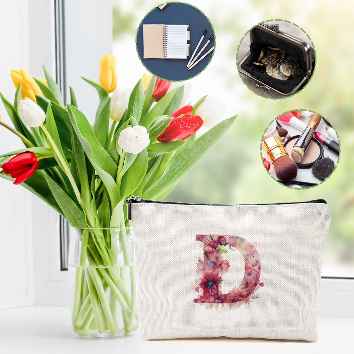 フラワー イニシャル メイクバッグ パーソナライズ モノグラム コスメティックバッグ 結婚式 誕生日 ボス デー クリスマス ブライ