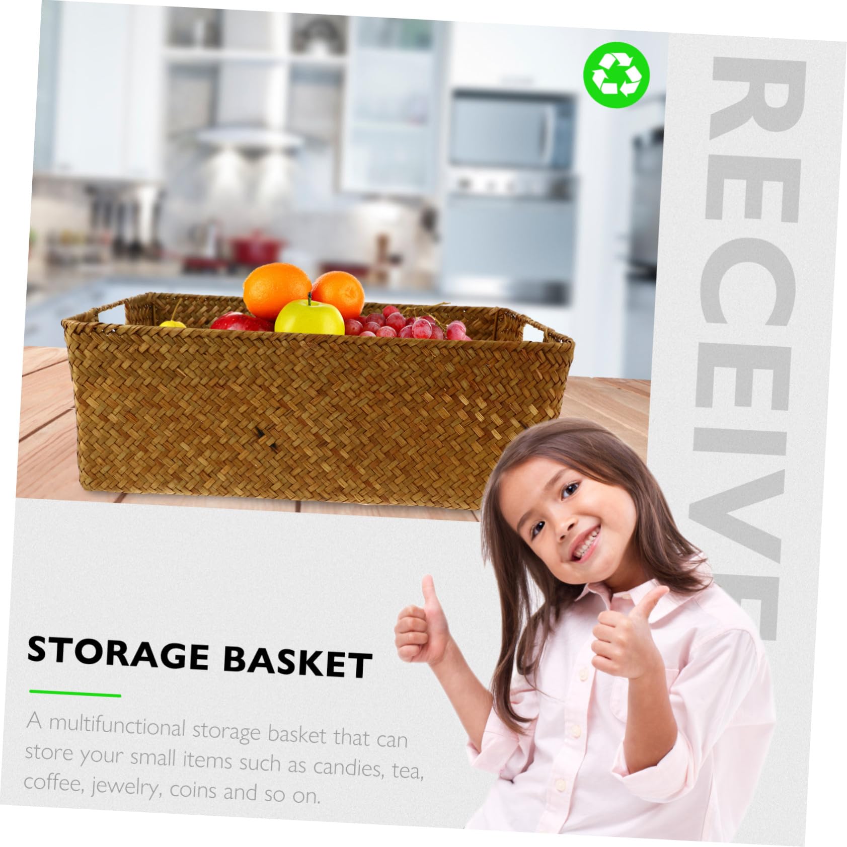 Angoily Cesta de Almacenamiento de Mimbre Grande con Asas Contenedor Organizador Rectangular de Cesta de Almacenamiento de Algas Tejida a Mano Retro Caja para Artículos
