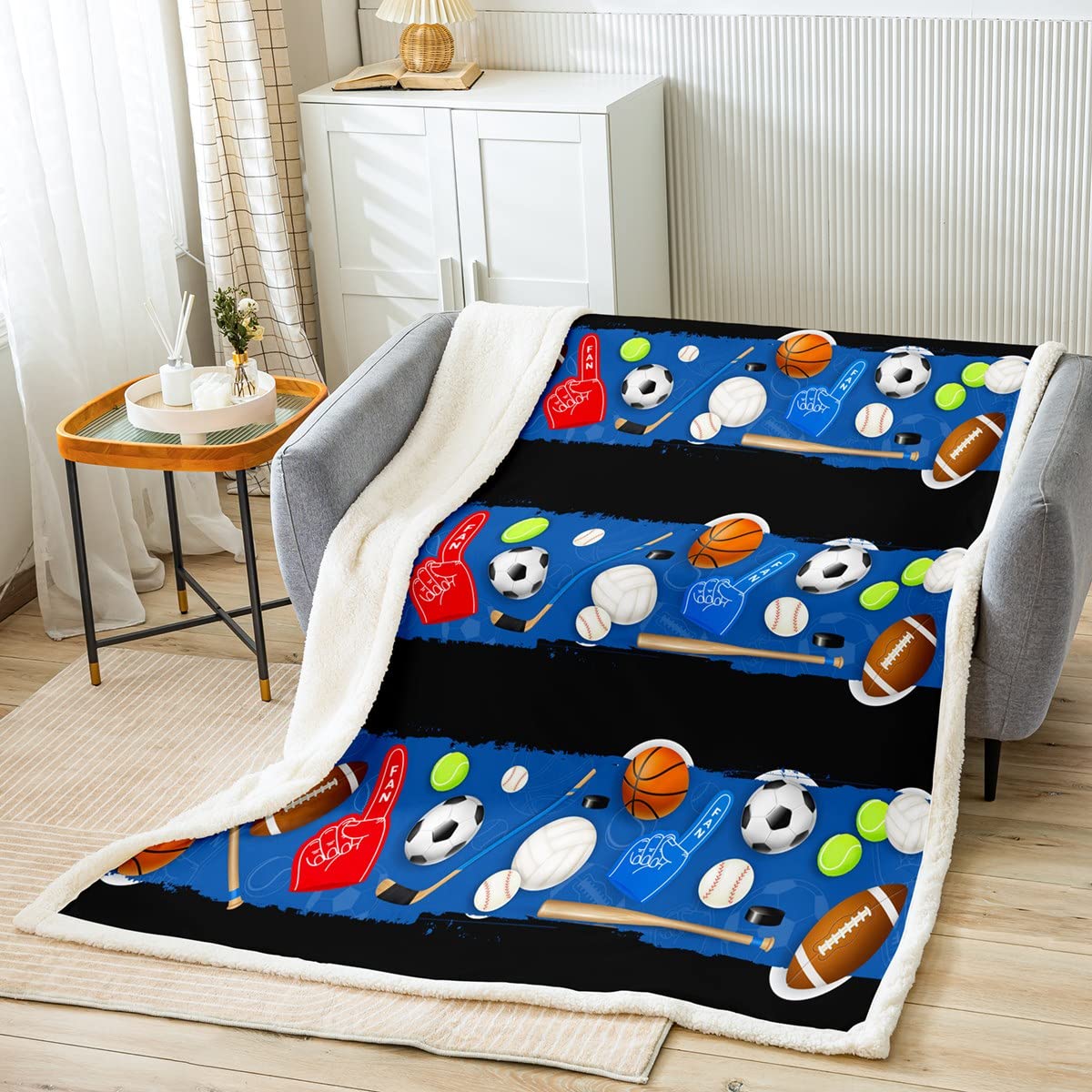Loussiesd Sports Fleece Throw Blanket 3D Ball Games Plush Blanket for Bed Sofa Kids Basketball Football Baseball Blue Sherpa Blanket Stitching Warm Fuzzy Blanket Single 50x60 Inch