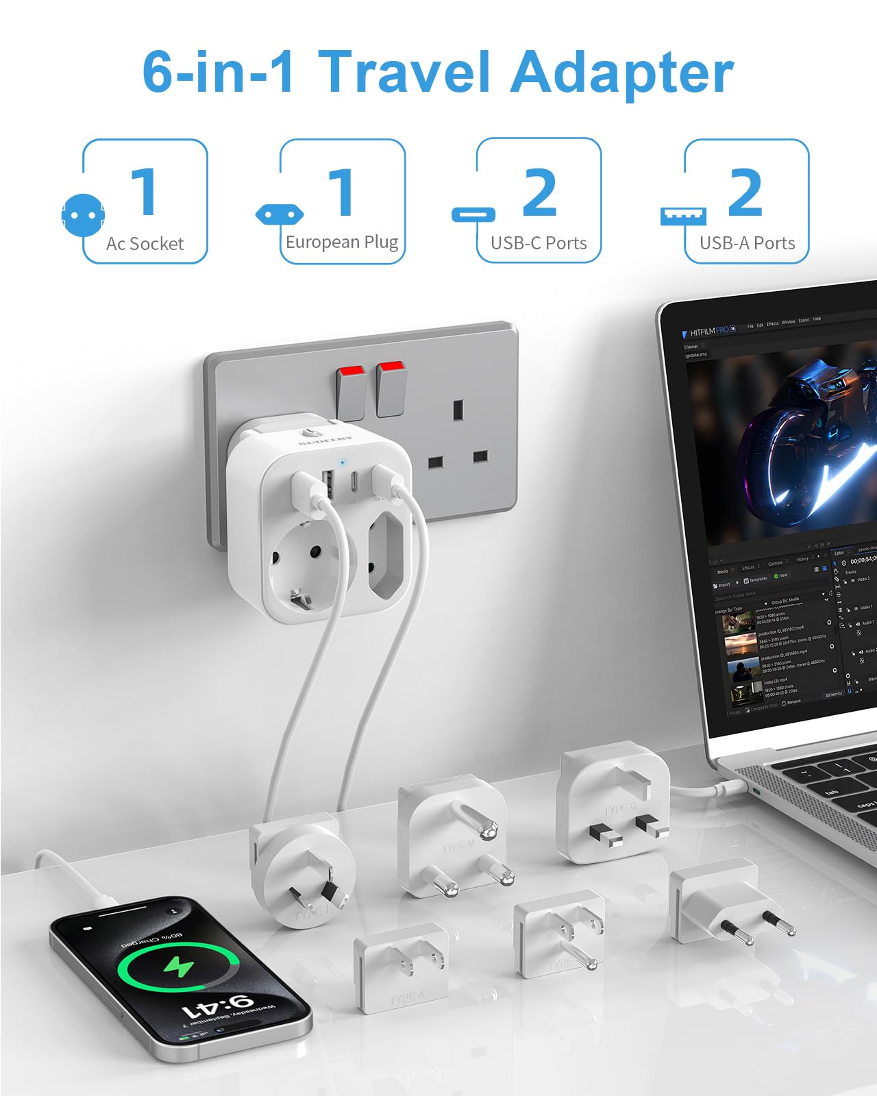 Adaptateur de Voyage Universel, Prise de Voyage Universelle avec 2 Ports USB A et 2 Ports USB C, 6 Adaptateurs Internationaux Amovibles pour USA, UK, EU, AUS, Japon,Afrique du Sud