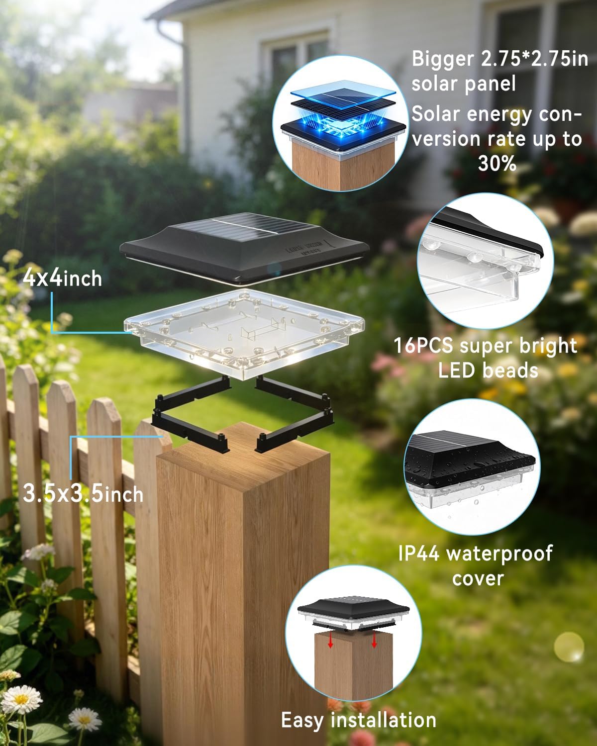 4x4 Solar Post Cap Lights Outdoor 6 Pack, 3 Modes 16 LED Waterproof, Fence Deck Post Lights Solar Powered Fits 4x4 3.5x3.5 Wood/Vinyl Posts, Outdoor Post Lights for Porch Patio Garden Backyard