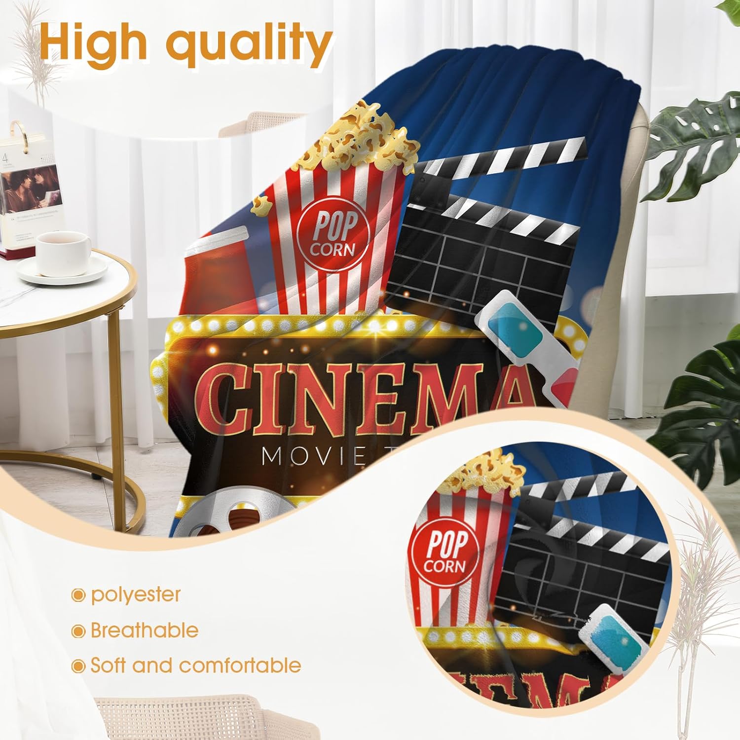 Movie Theater Popcorn Blanket Cinema Gifts for Men Women Boys Adults Birthday Christmas Fathers Day Presents for Mom Dad Husband Movie Room Decor Film Player Clapboard Throw Blankets 50"x60" - Image 4