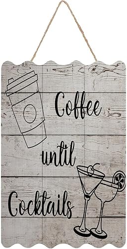 Letrero de pared de madera rústica con texto en inglés "Coffee Until Cocktails" para decoración de porche de pared, 6 x 12 pulgadas