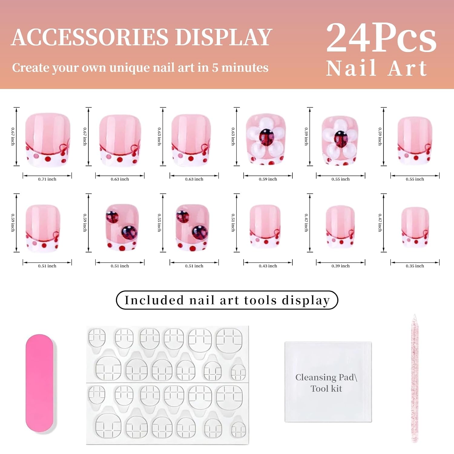 24Pcs Red White French Tip Press on Nails Polka Dot Fake Nails with 3D Ladybug Flower Designs False Nails Mini Bow French Line Reusable Stick on Nails Acrylic Nails for Women Summer DIY Manicure