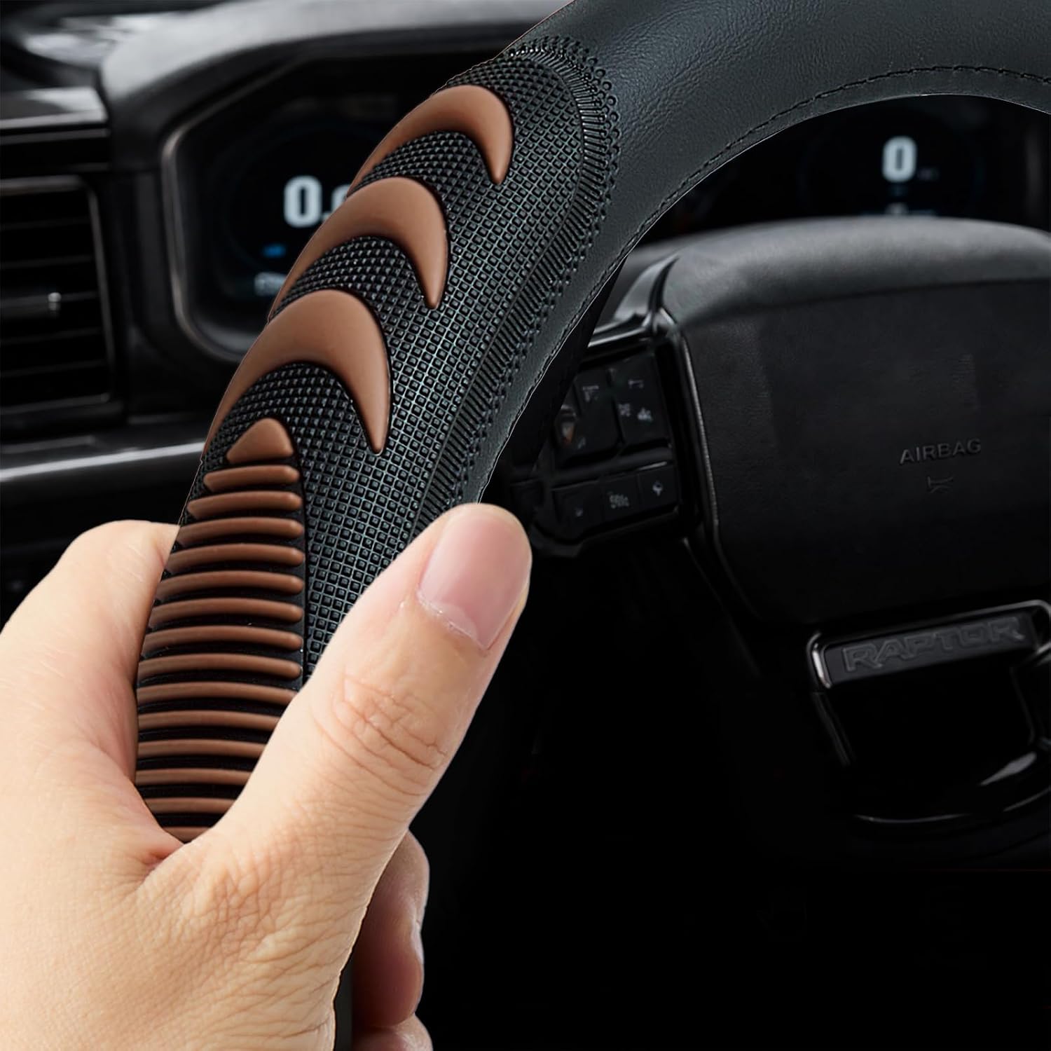  Leather Steering Wheel Cover for Ford F150 F250 F350, 15.5-16 inches Car Steering Wheel Cover with Anti-Slip Massage Particle (Brown) thumbnail