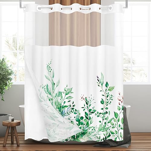Vista 267 de Tititex - Juego de cortinas de ducha de eucalipto verde oliva, hojas de acuarela en la parte superior con decoración floral de baño, 60 x 72 Hojas