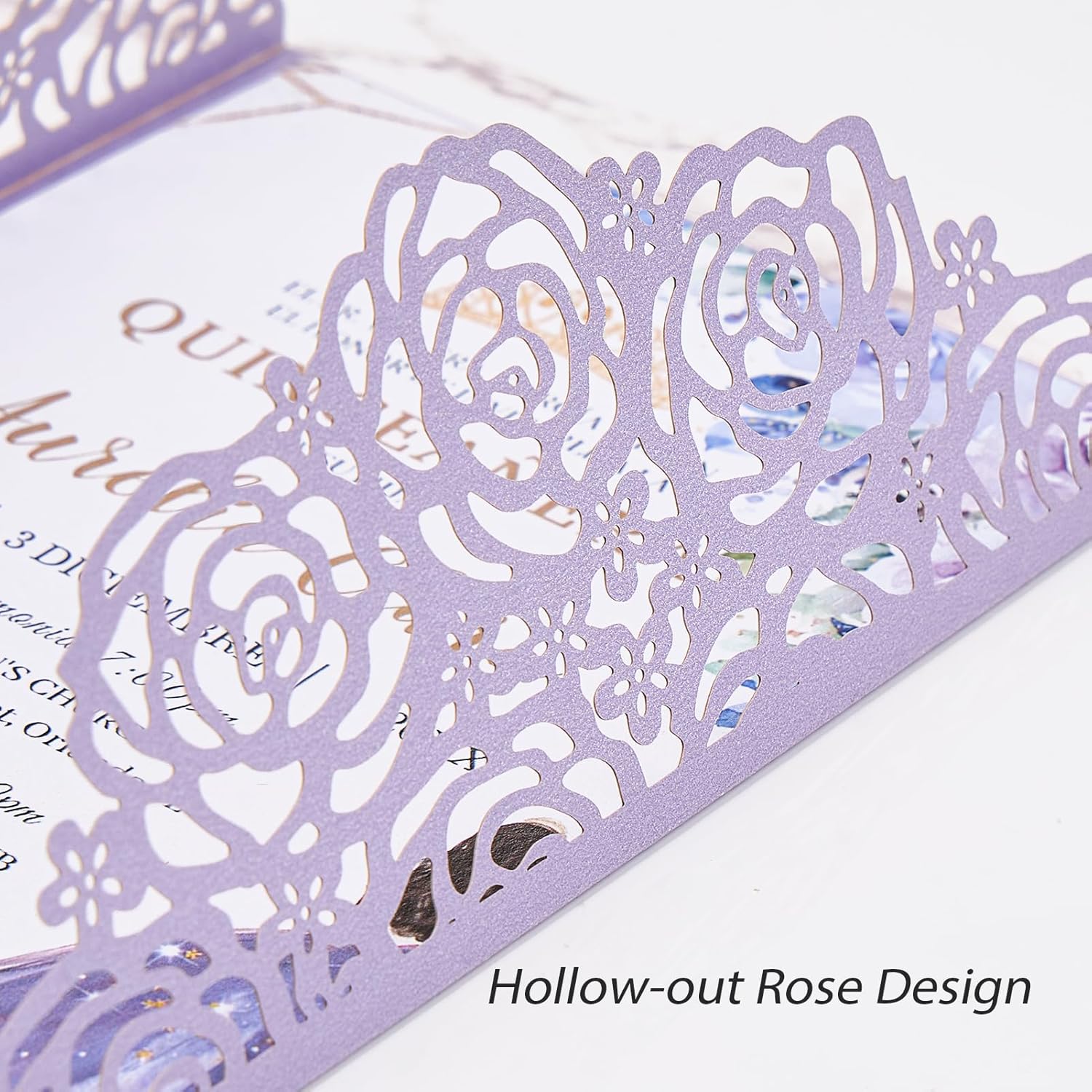 Purple Butterfly Laser Cut Wedding Invitations 50 Set, Hollow Out Rose Shaped Wedding Invites for Bridal Shower Quince Invitaciones Para Boda (Blank Inner Sheet, No Pattern)