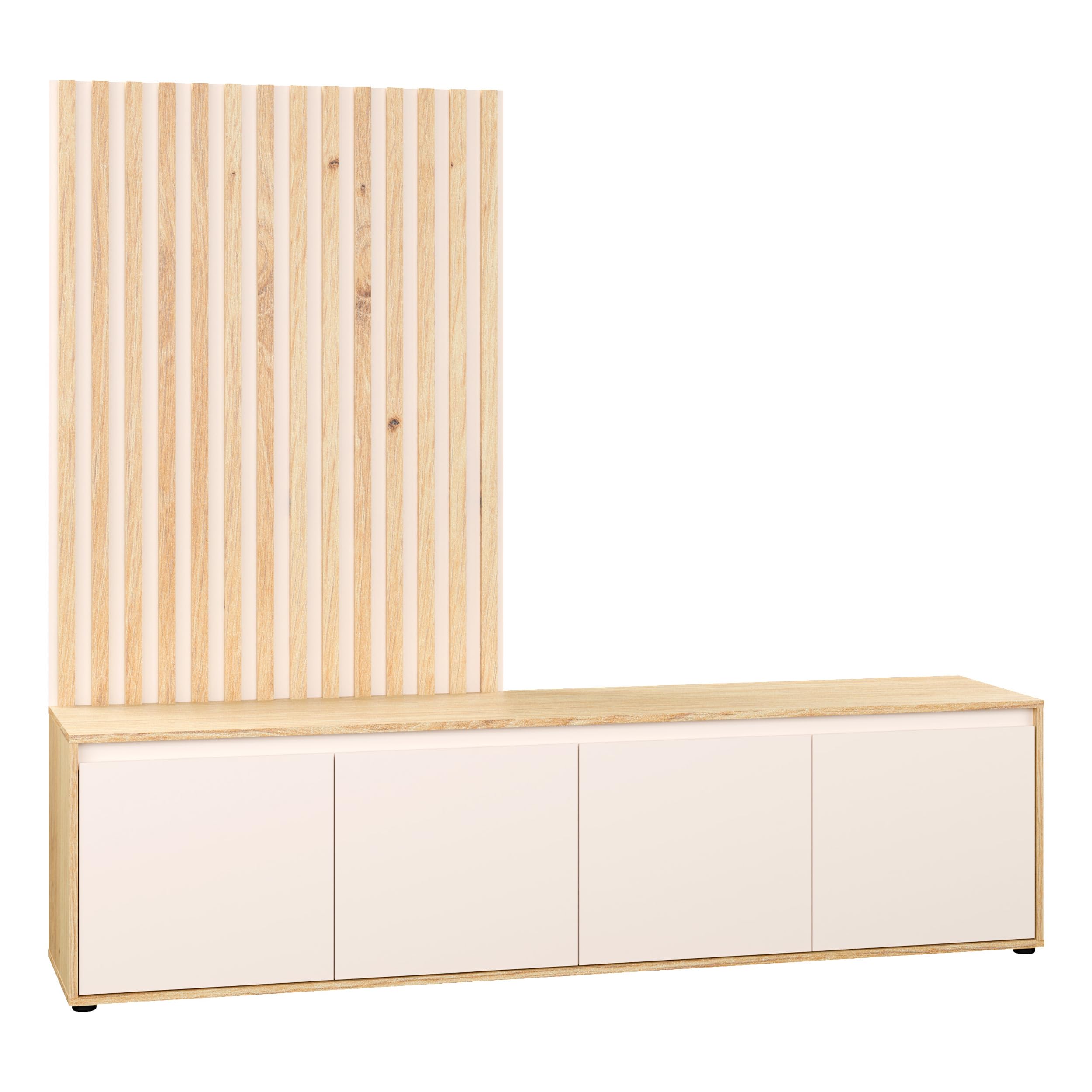 Forte SKELPE Wohnwand 190, Moderne Skandi Stil Wohnwand mit Lowboard 4-türig und Latten-Wandpaneele, Artisan Eiche Holzdekor/Kaschmir Beige, 188,3 cm breit x 169,7 cm hoch x 42 cm tief