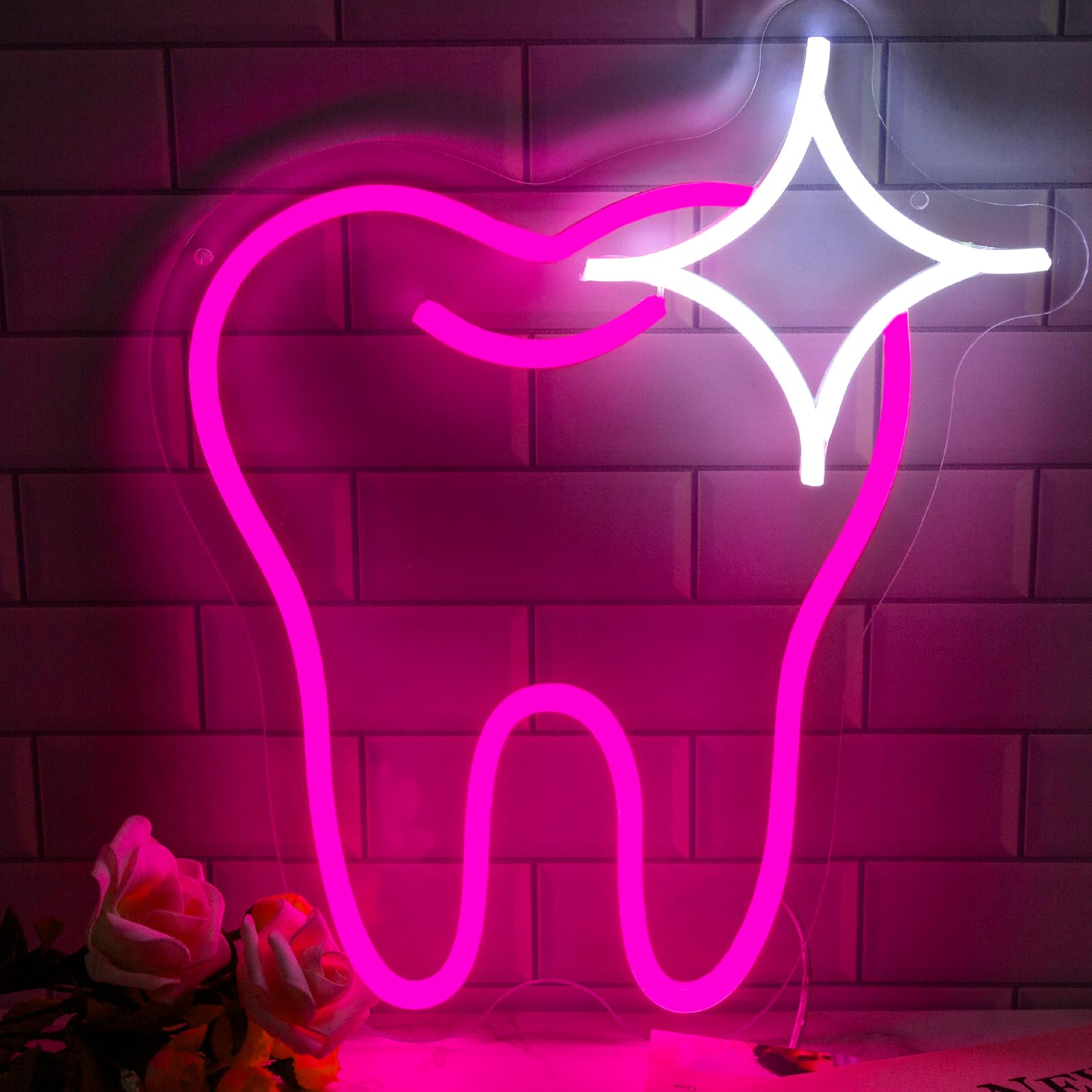 Moodlion Neon Sign Pink Tooth Decor Dental Office Light up Assistant Accessories Decoration, LED Neon Signs Smile Wall Art, Neon Tendist Balloon Lights… — image 1