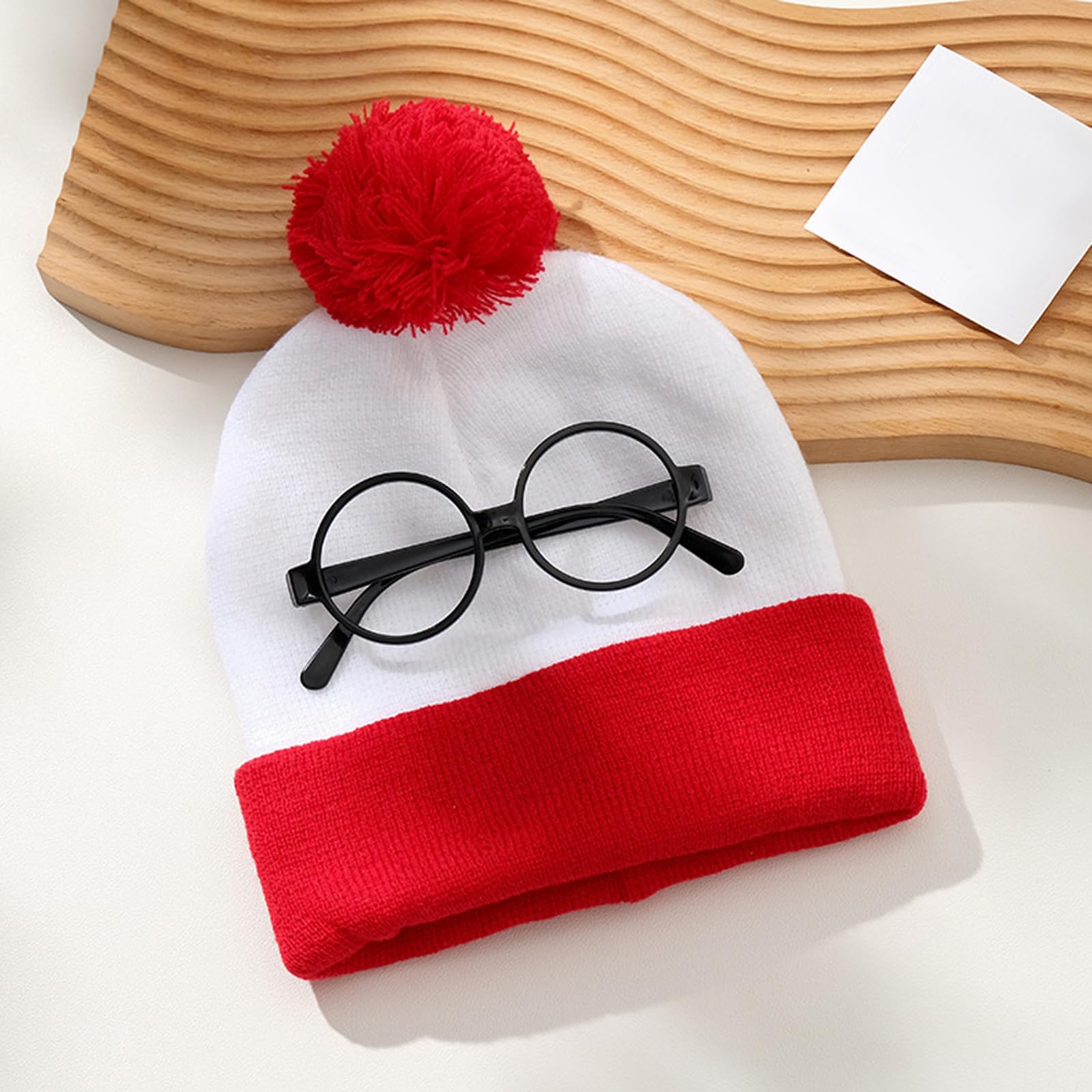 MUNSKT Wheres Wally Costume Set,Traje sombrero de alta forma gafas calcetines Guantes de rojo y blanco para mujer,traje más fresco para el día mundial del libro — view 5
