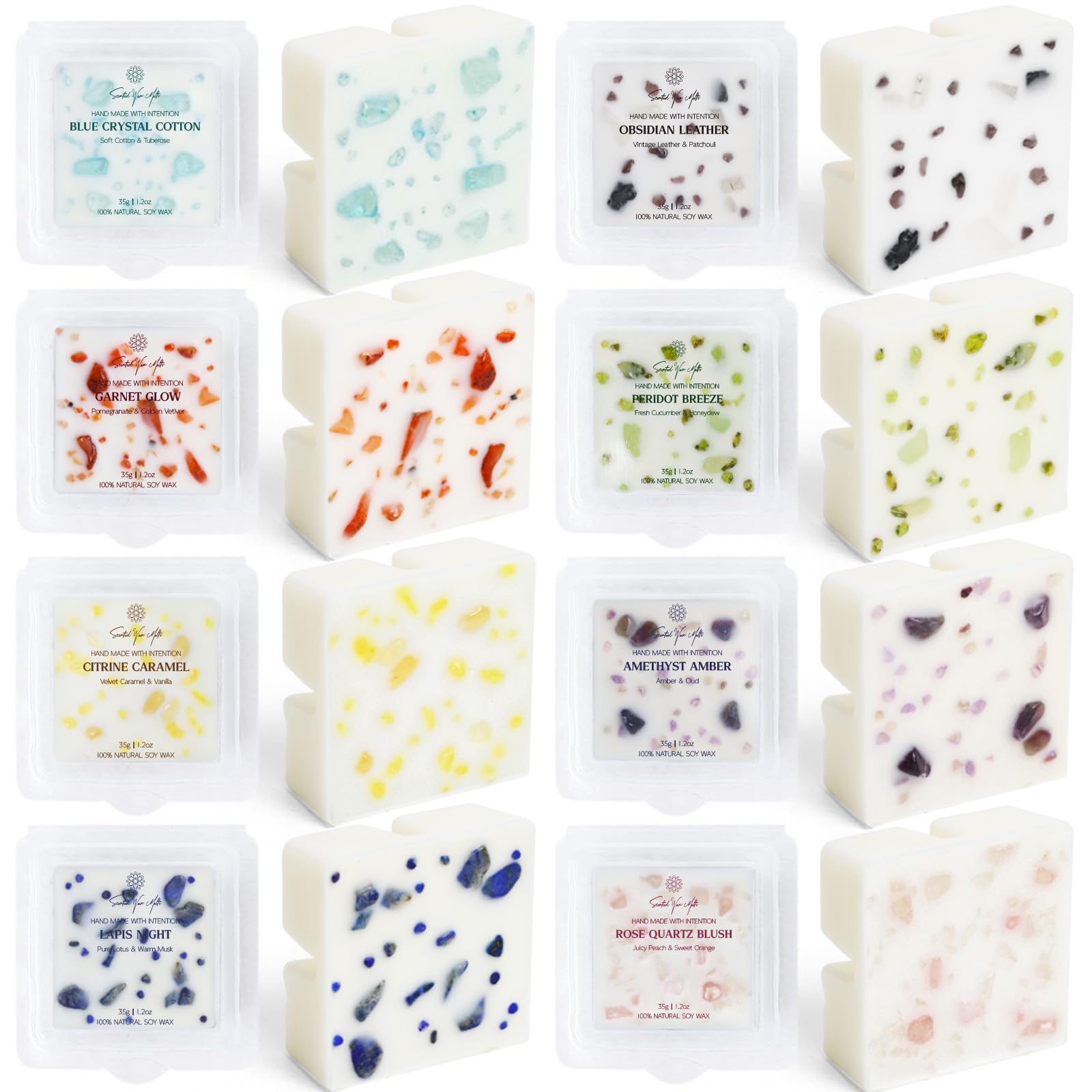 Scented Wax Melts with Crystal Energy, Aromatherapy Wax Cubes for Candle Warmer Burner, Long-Lasting Soy Wax Melts for Home, Relaxation, Christmas, Gift Set with 8 Natural Fragrances & Gemstones
