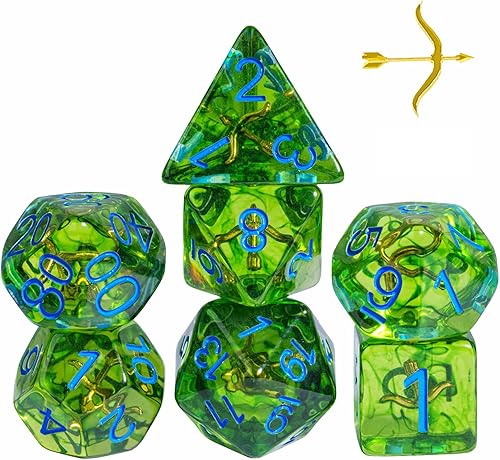 UDIXI Juego de 7 dados poliédricos, 7 dados DND verdes rellenos con lazo para juegos de rol como juegos de mesa MTG de Calabozos y Dragones, D&amp;D