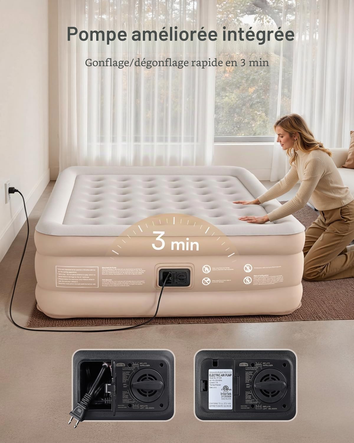 Airefina Matelas Gonflable pour Grand lit avec Pompe intégrée, Matelas Gonflable amélioré de 45,7 cm avec Sac de Transport, Grand lit Gonflable pour Camping, Maison, invités, Colchones gonflables
