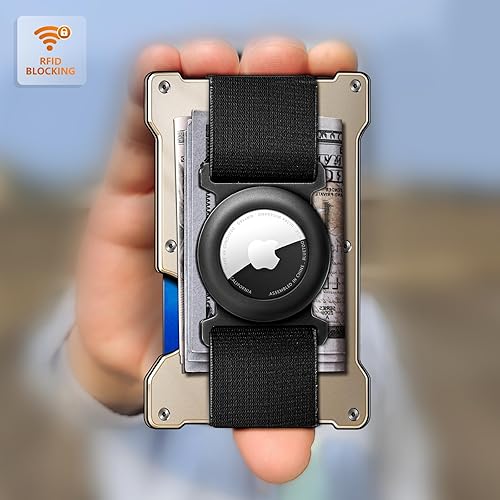 Miniatura 8 de BULLIANT Billetera de metal delgada para hombre, compatible con Airtag, compatible con Airtag, expandible para 15 tarjetas, bloqueo RFID, Champagne