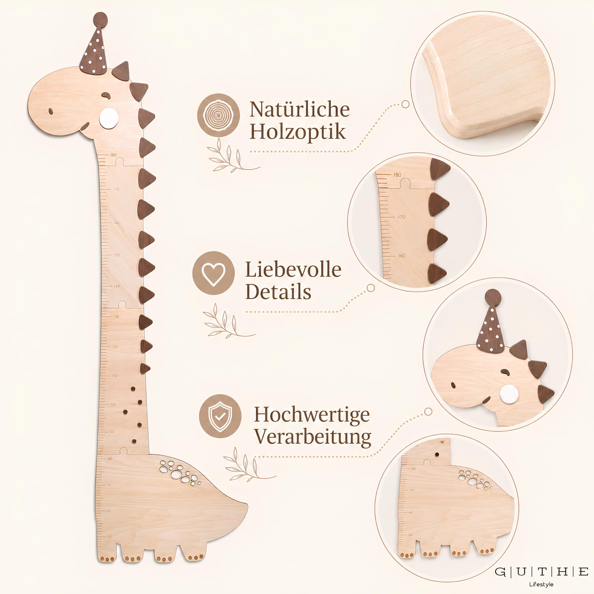 Messlatte Kinder Holz Dino – Kindermesslatte für Baby & Kleinkinderzimmer – Messlatte Kinderzimmer Wanddeko Dinosaurier – Kinder Messlatte Holz für Körpergröße & Babyzimmer Deko