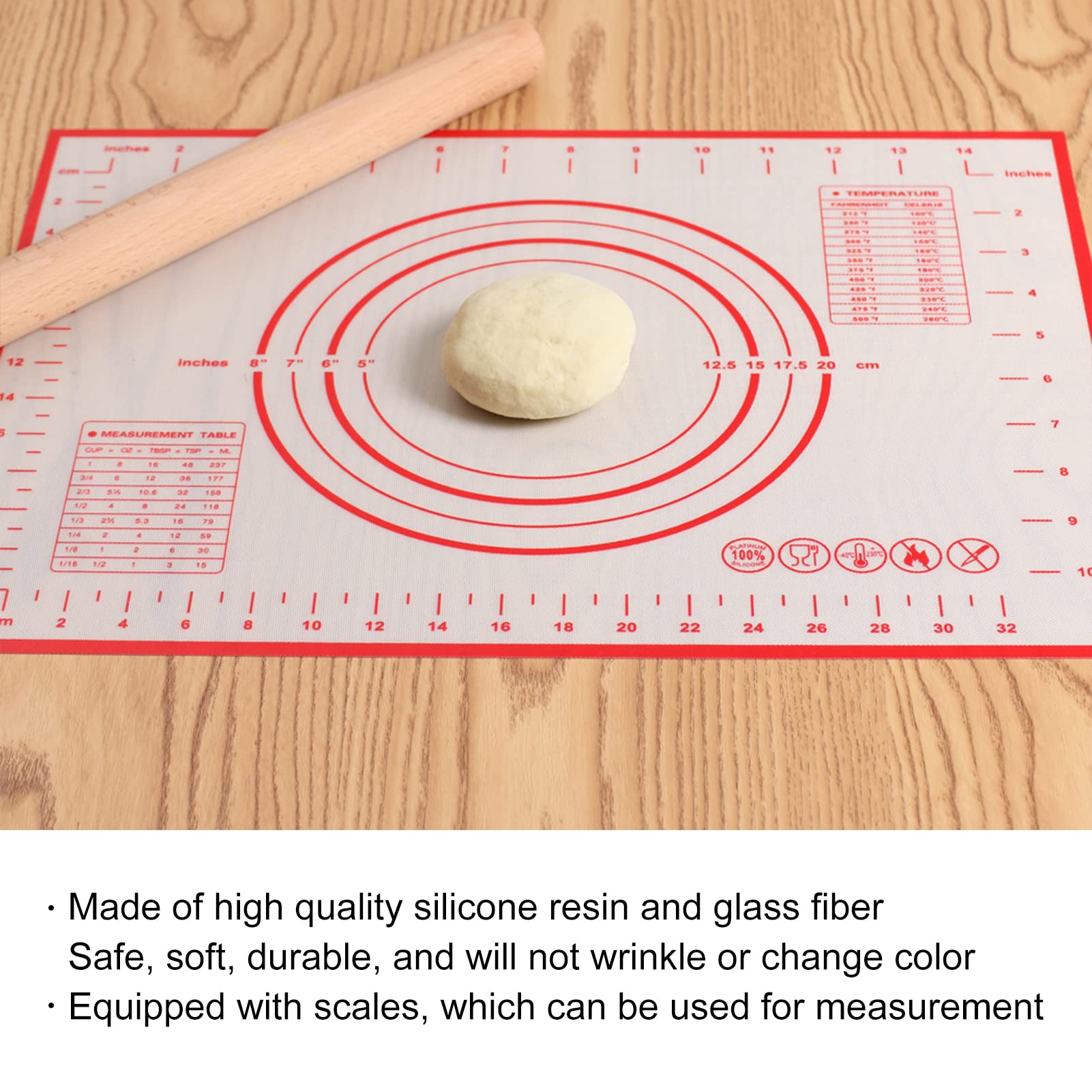 Tapis De Pâtisserie en Silicone Tapis De Fondant Antidérapant Tapis De Cuisson avec Tapis De Pâte De Mesure pour la Cuisson de la Pâte à Rouler 60 X 60 Cm/23,6 X 23,6 Pouces(Rouge)
