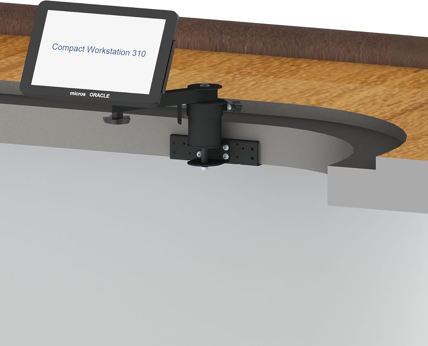 Under Counter Mount with a 3 inch Riser, an 8 inch arm and a 75/100mm VESA Compatible Screen Pan and Tilt Head PQS PN 80241