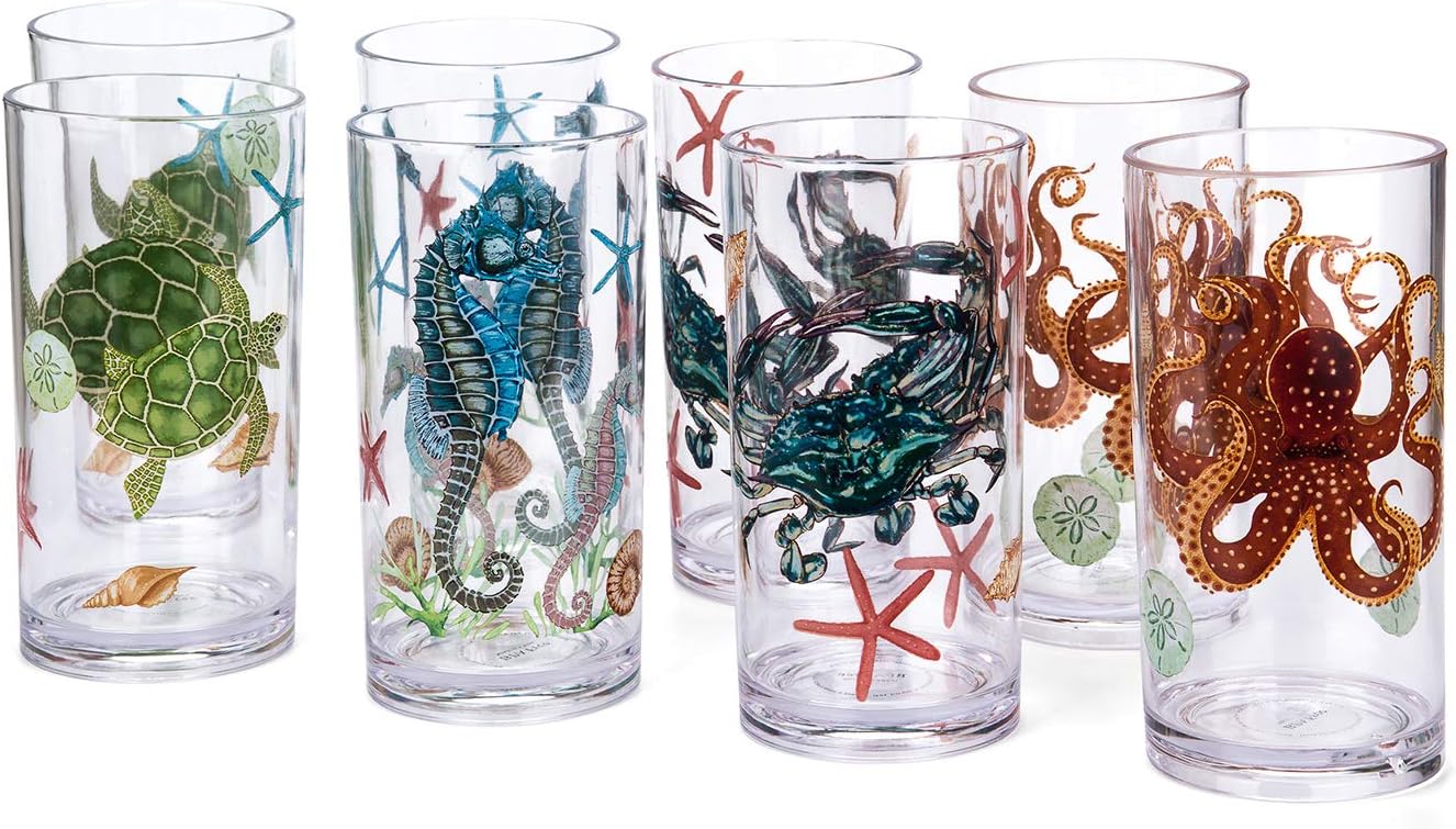 KX-WARE Sea Ocean Life 20-ounce Plastic Tumbler Drinking Glasses Mixed Drinkware Sets, set of 8 Multicolor