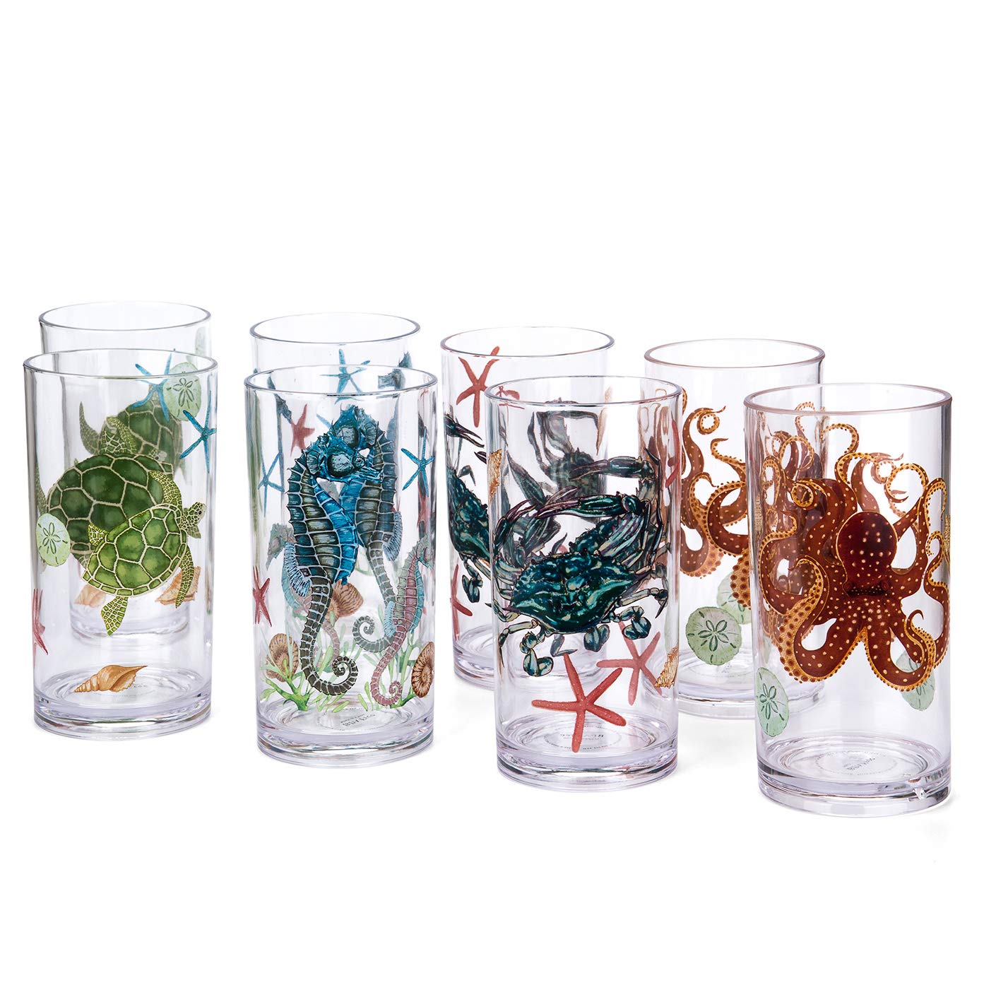 KX-WARE Sea Ocean Life 20-ounce Plastic Tumbler Drinking Glasses Mixed Drinkware Sets set of 8 Multicolor