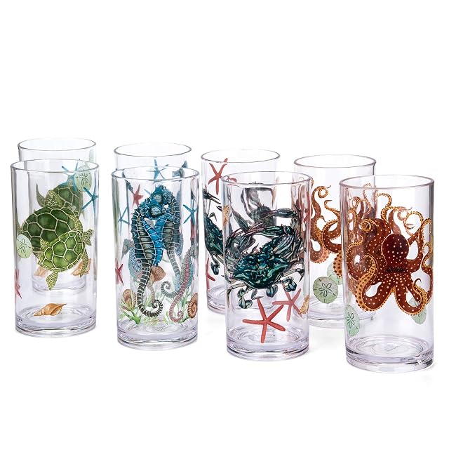 KX-WARE Sea Ocean Life 20-ounce Plastic Tumbler Drinking Glasses Mixed Drinkware Sets set of 8 Multicolor