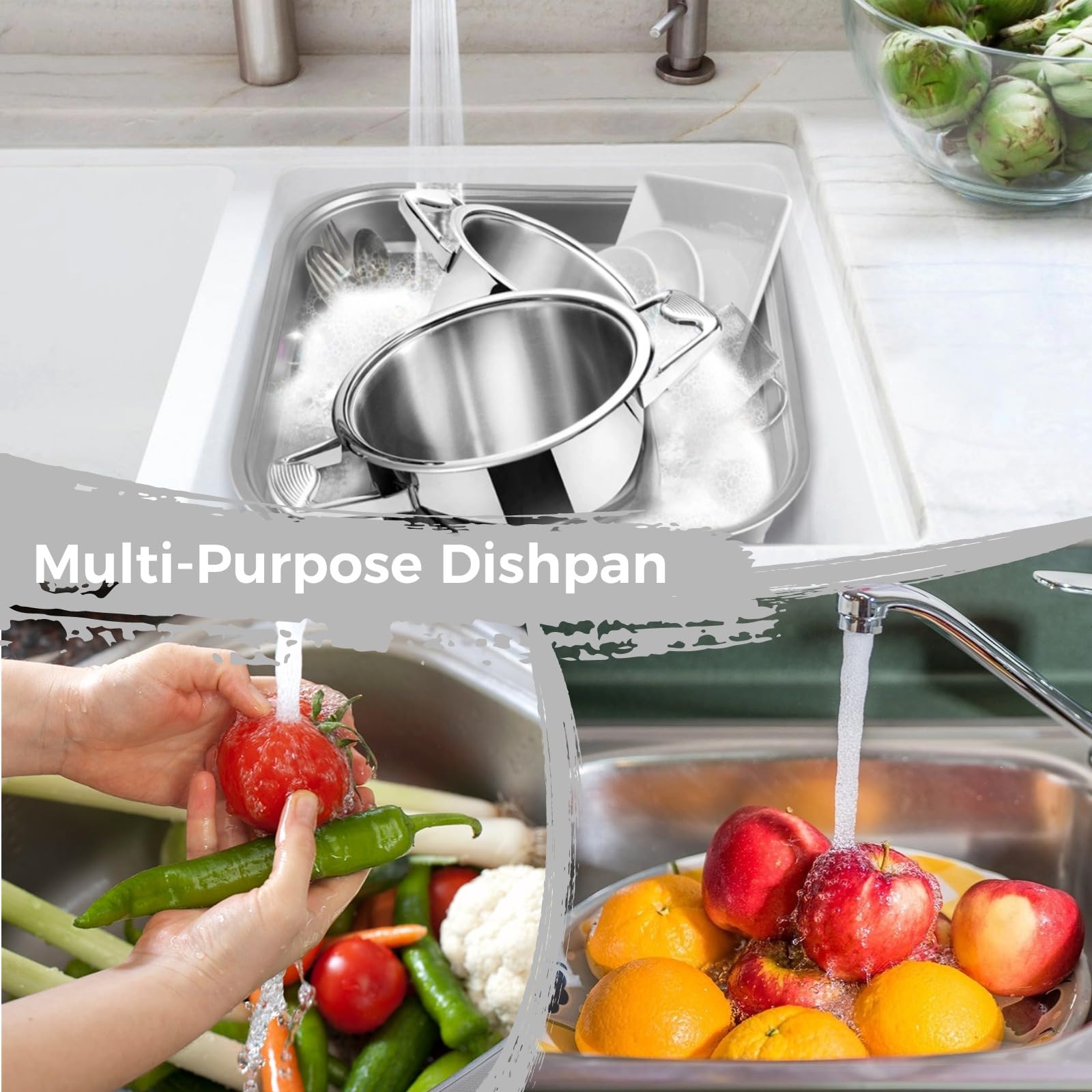yeesport Ciotola in acciaio inox, bacinella multiuso per lavello, grande contenitore quadrato per cucina, lavabo per verdure, robusta padella per la casa