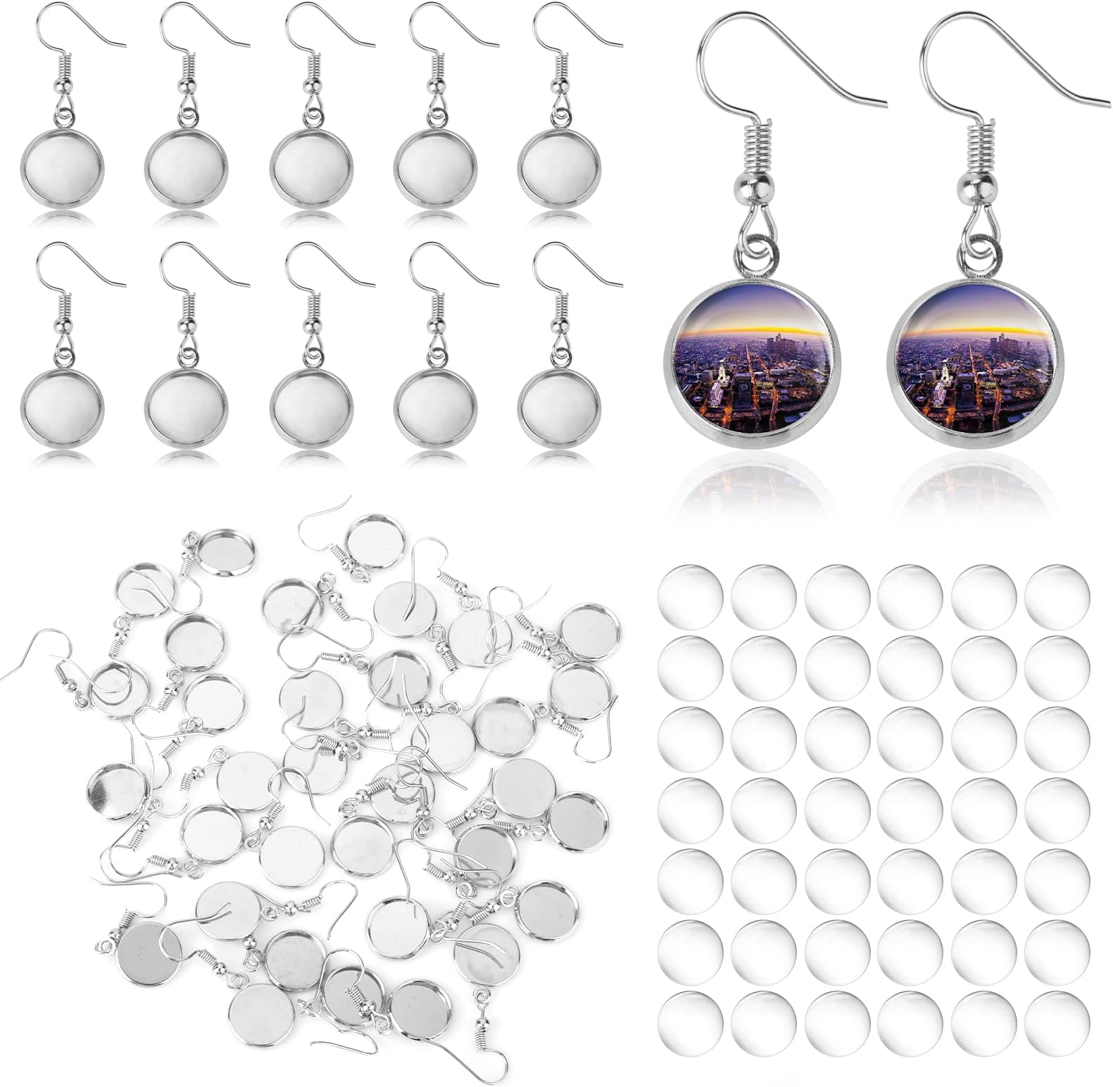 ASTER 50 Pieces Silver Earrings Hooks Blanks, 12 mm Stainless Steel Bezel Trays with Glass Cabochons Setting, Earring Blanks for Jewelry Earrings Making DIY Craft