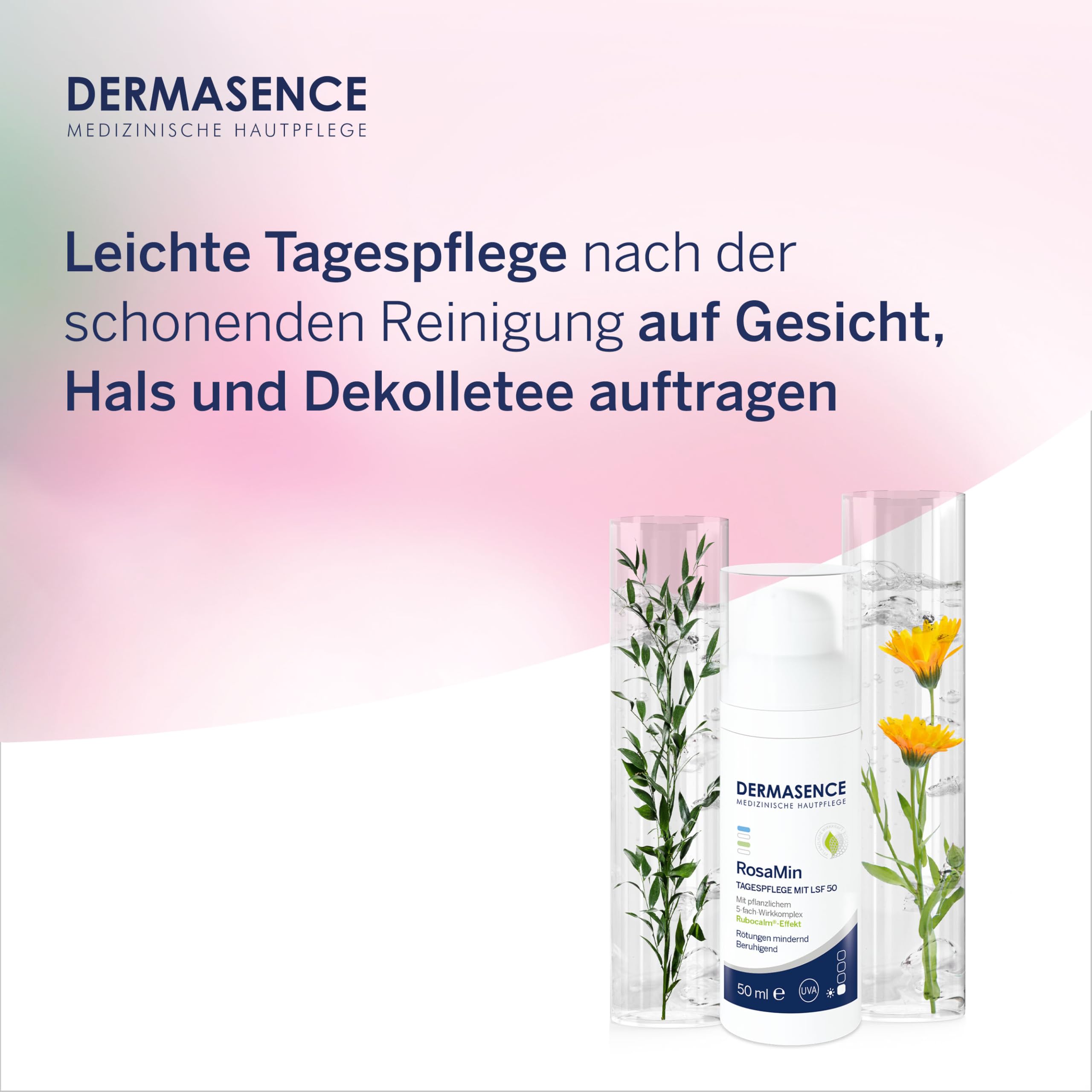 DERMASENCE RosaMin Tagespflege mit LSF 50, 50 ml – Beruhigende Gesichtscreme für empfindliche Haut, parfümfrei, Pflege bei Rötungen, leichter UV-Schutz gegen Reizungen, Hautpflege ohne Duftstoffe.