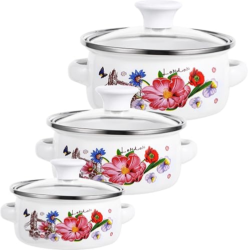 Holibanna Olla de cocina esmaltada con tapa, 3 piezas retro de flores, olla de cocina vintage con asas, olla antiadherente para cocinar a fuego