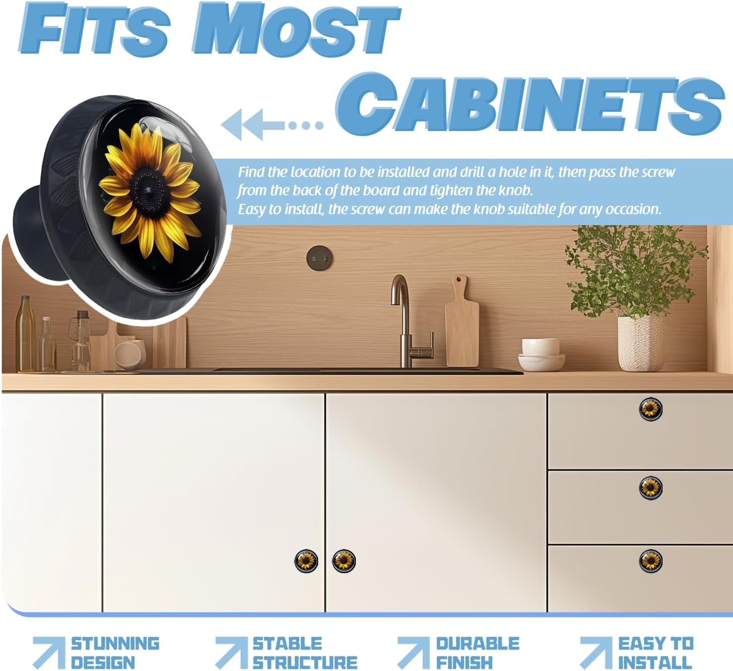 Cabinet Knobs Crystal,Sunflower Against a Black Background (2) Mushroom Drawer Hardware Cabinet Pulls for Home Decor,Dressers,Kitchens Bathroom with Screw 1 Pack