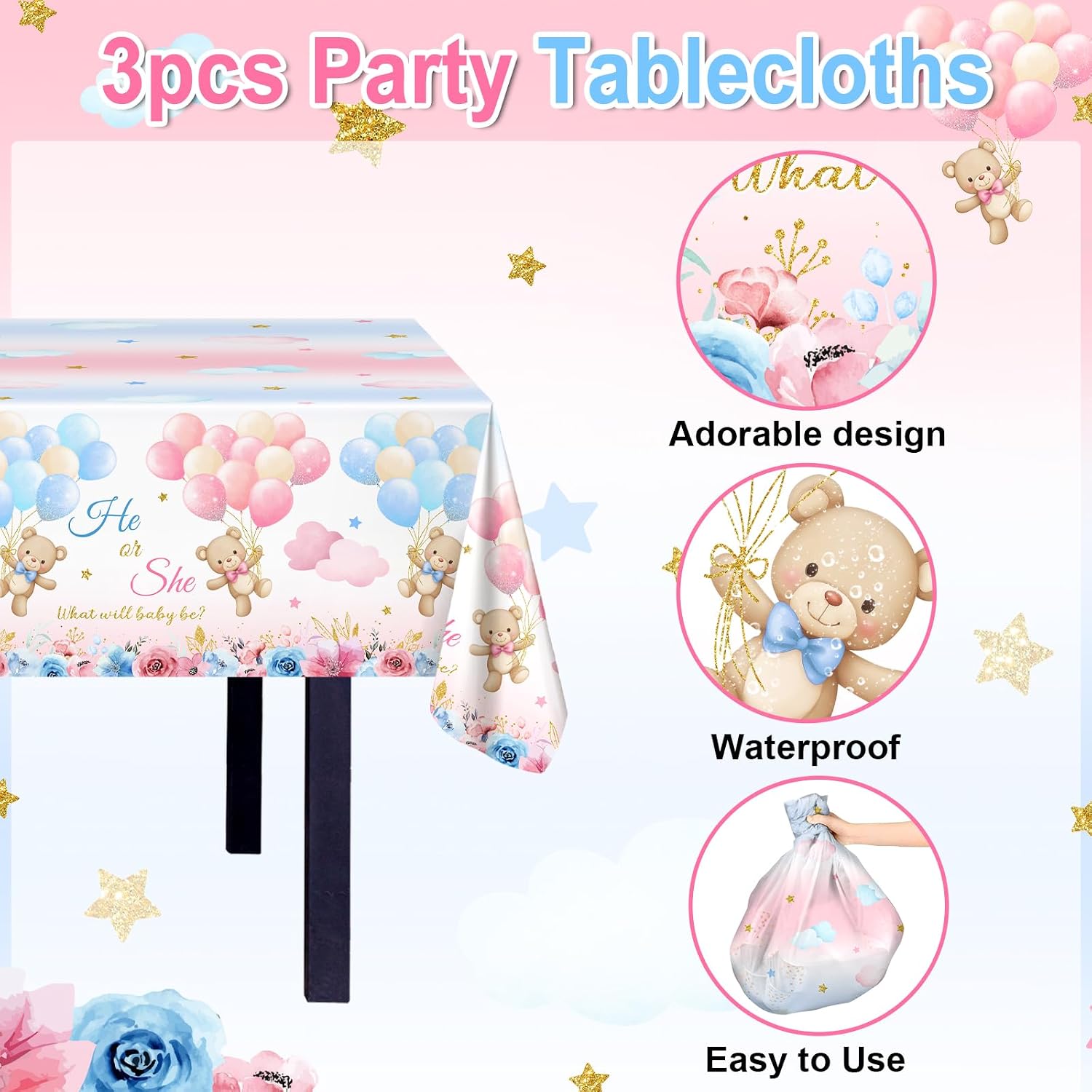 Avezano 3 Pcs Bear Gender Reveal Tablecloth Blue and Pink We Can Bearly Wait Table Cloths He or She Gender Reveal Decorations 108 x 54 Inch