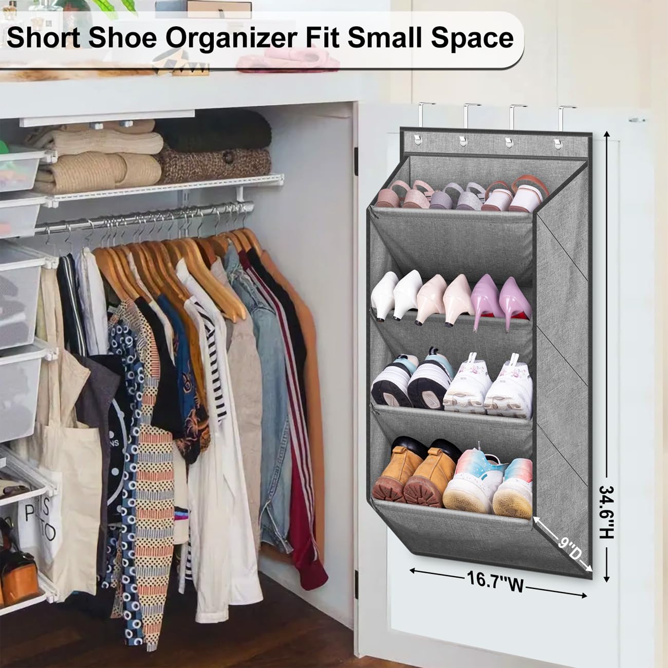 SLEEPING LAMB Organizador de zapatos sobre la puerta para armario, zapatero corto para colgar con bolsillos grandes y profundos, almacenamiento de zapatos de puerta estrecha para botas en RV
