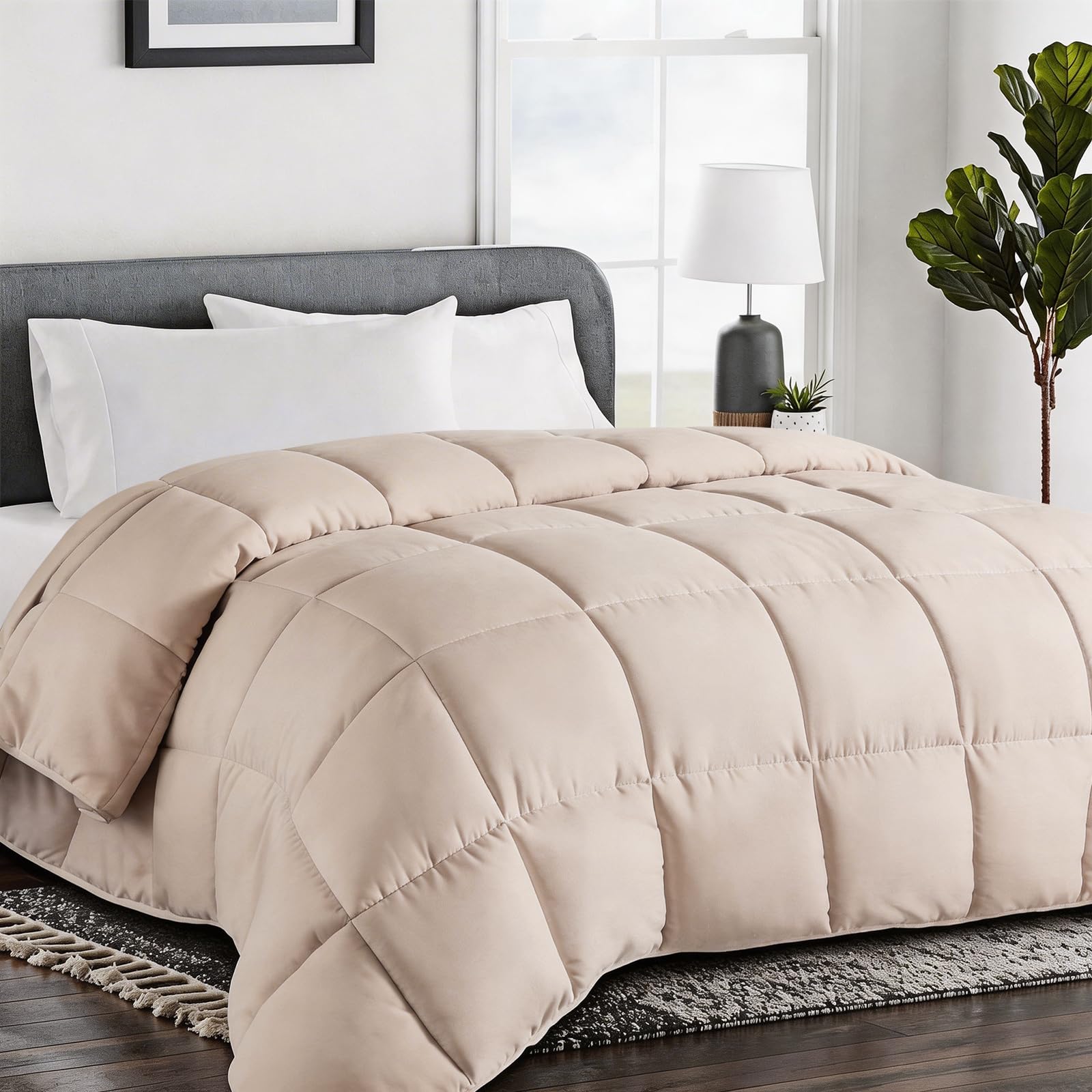 COHOME Quilted Queen Size Comforter - All-Season Down Alternative Duvet Insert - Luxury Hotel Winter Warm Beige Comforter with Anti-Clump Tech &amp; 8 Tabs- Reversible 88"x88" | Down Alternative Comforter, Luxury Hotel Breathable Soft Blanket, Anti-Clump Tech &amp; 8 Tabs, Reversible,Beige 88" x 88"